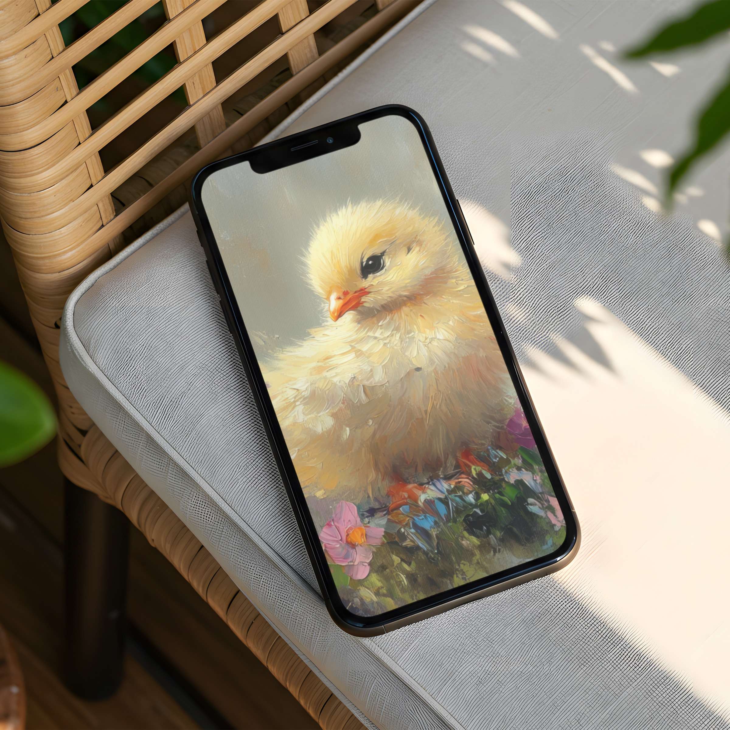 Elegant iPhone background featuring a fluffy chick among flowers offers calm inspiration as an instant download for any phone