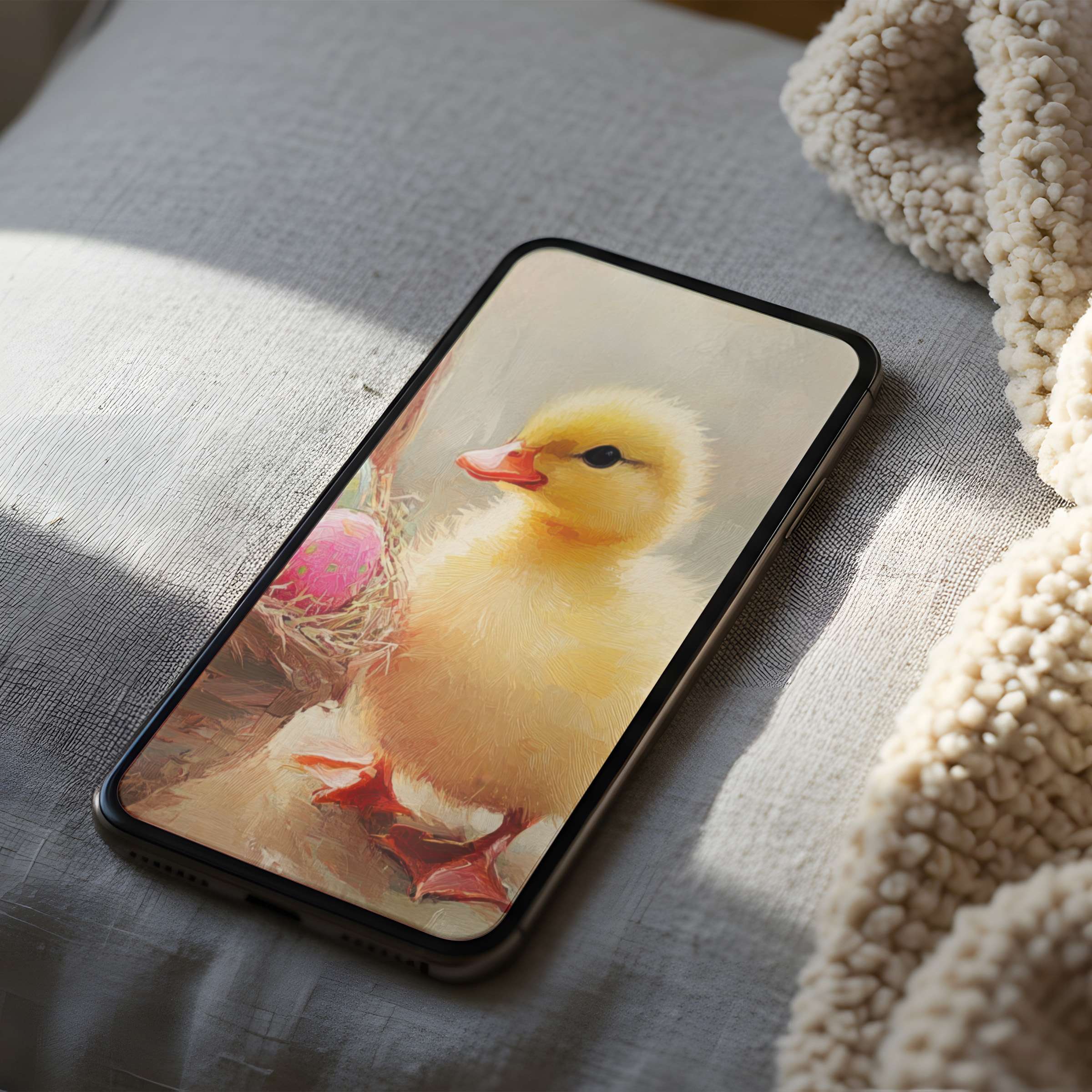 Charming duckling phone wallpaper in soft pastels for iPhone and android adds warmth and tranquility ideal for digital download