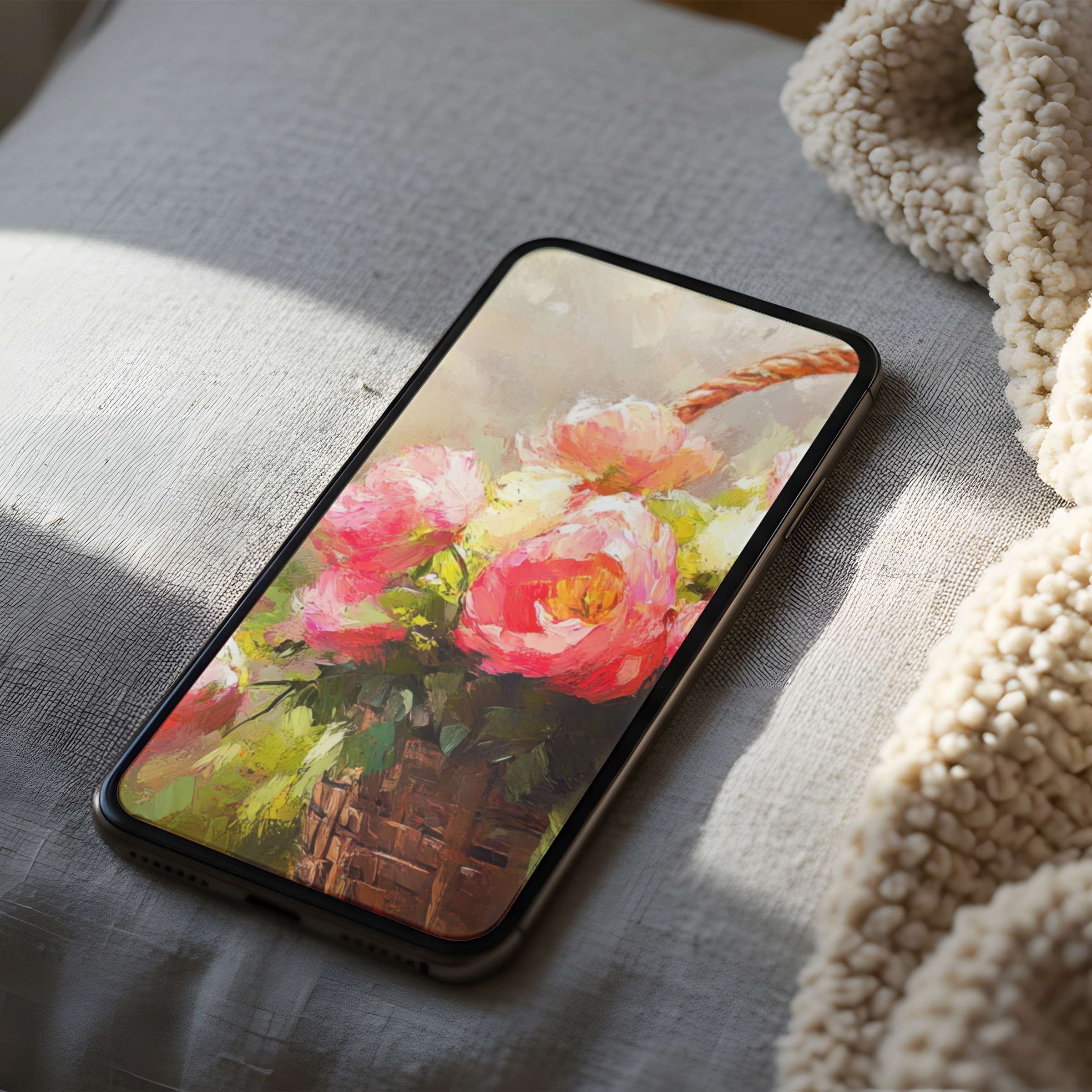 Floral phone wallpaper with pink blossoms in an elegant, high-resolution art style, perfect for iPhone and Android digital downloads