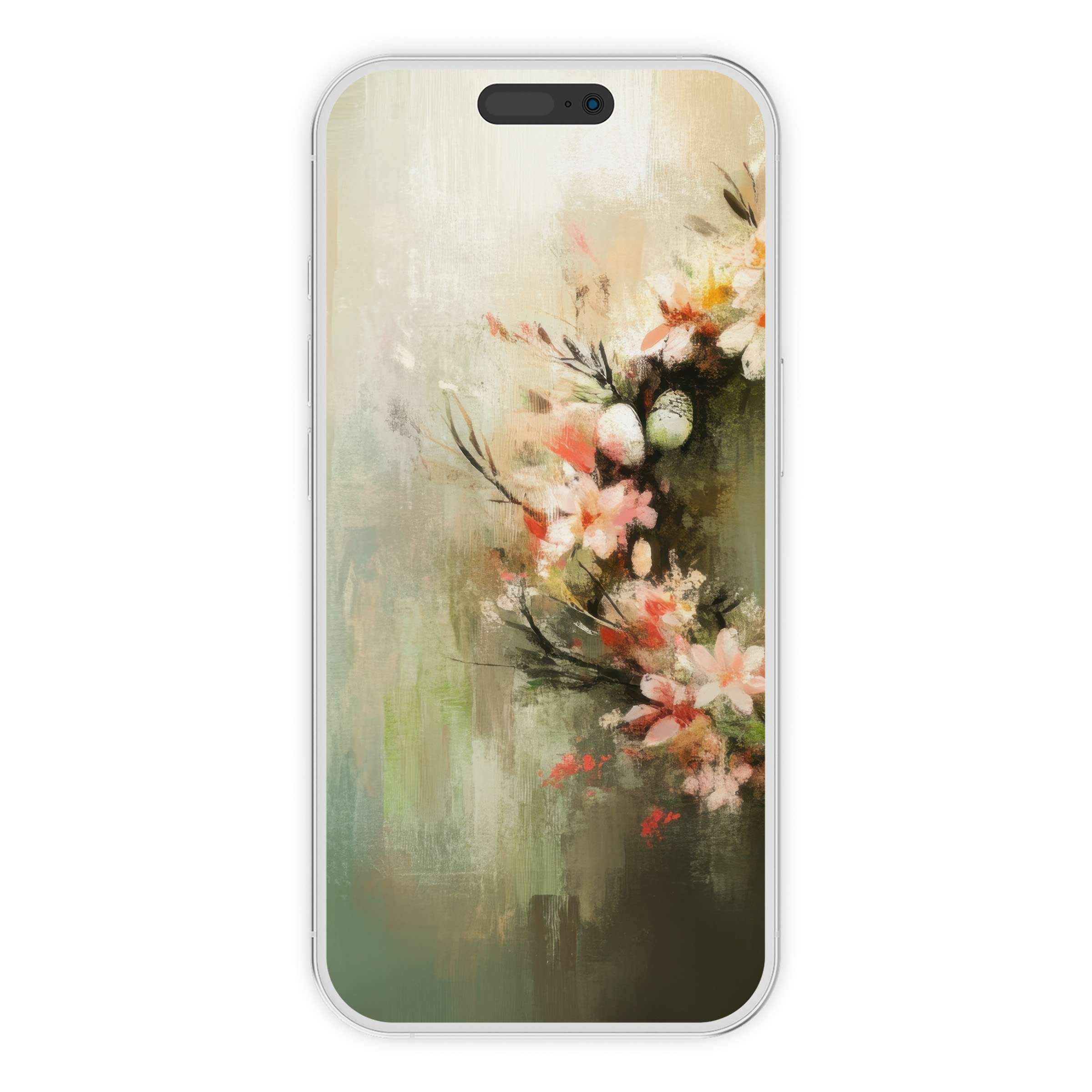 Easter iPhone wallpaper featuring soft florals and eggs in a serene abstract style digital download for a calming phone background