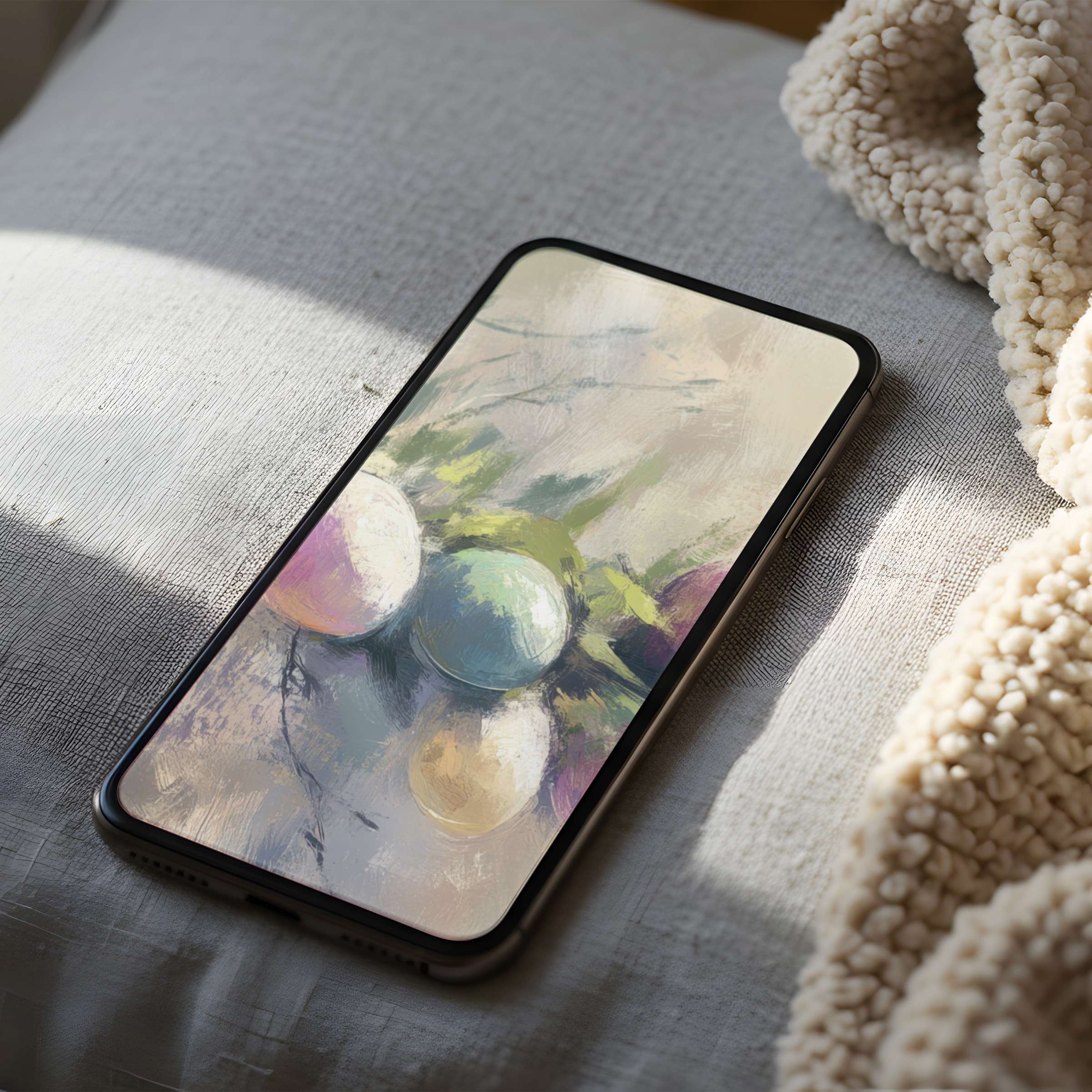 Elegant phone wallpaper with pastel abstract art, sunlight on a cozy bed, perfect for iPhone or Android high-resolution digital download
