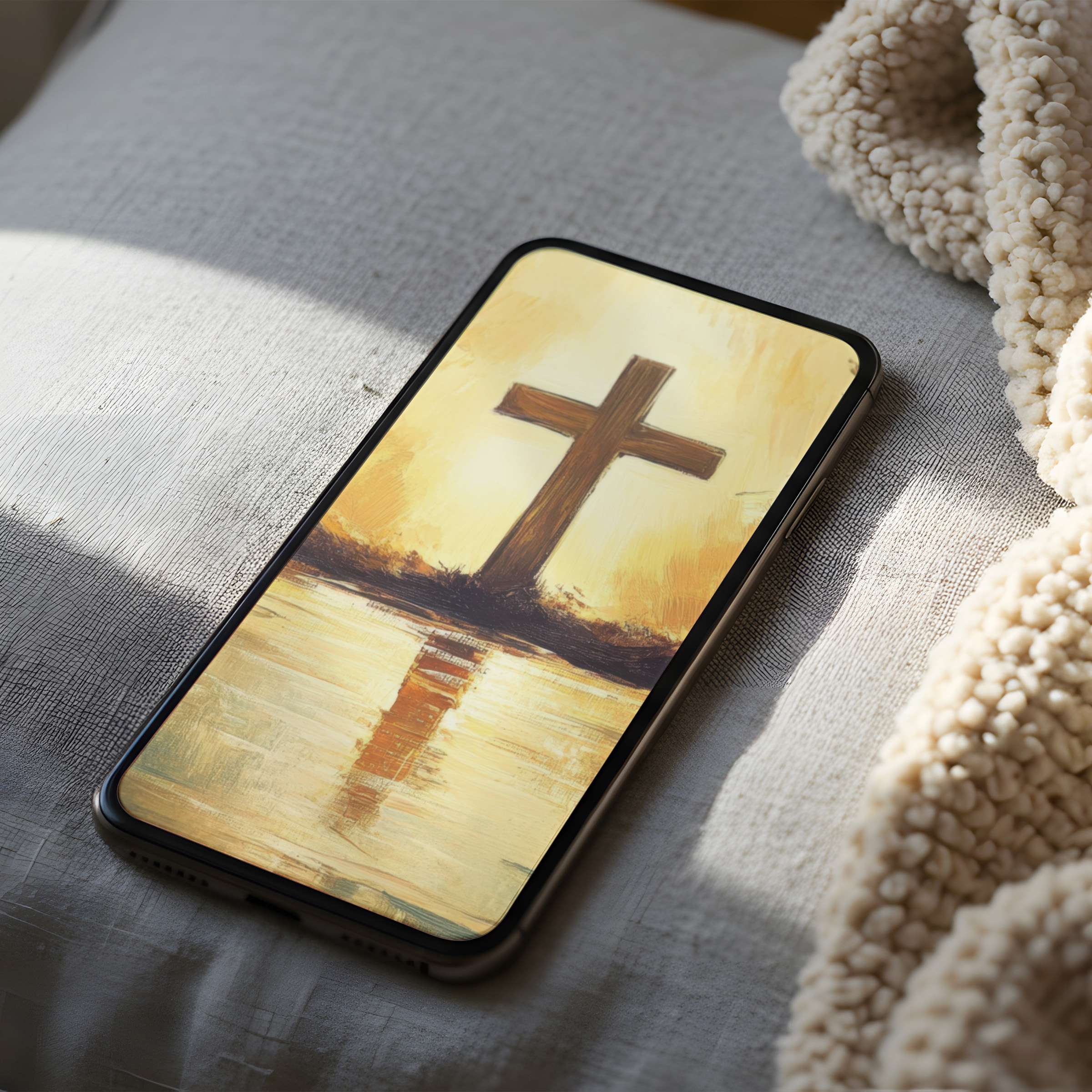 Elegant cross painting phone wallpaper in warm tones, perfect for iPhone and Android, offering a serene digital download experience