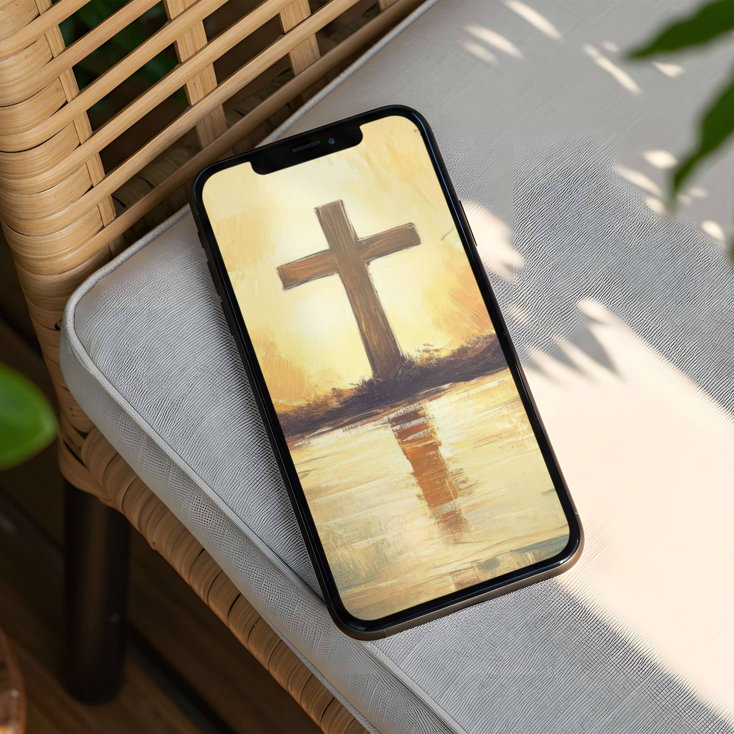 Elegant iPhone background featuring a serene cross reflection offers mindfulness and instant download for your phone's sustainable style