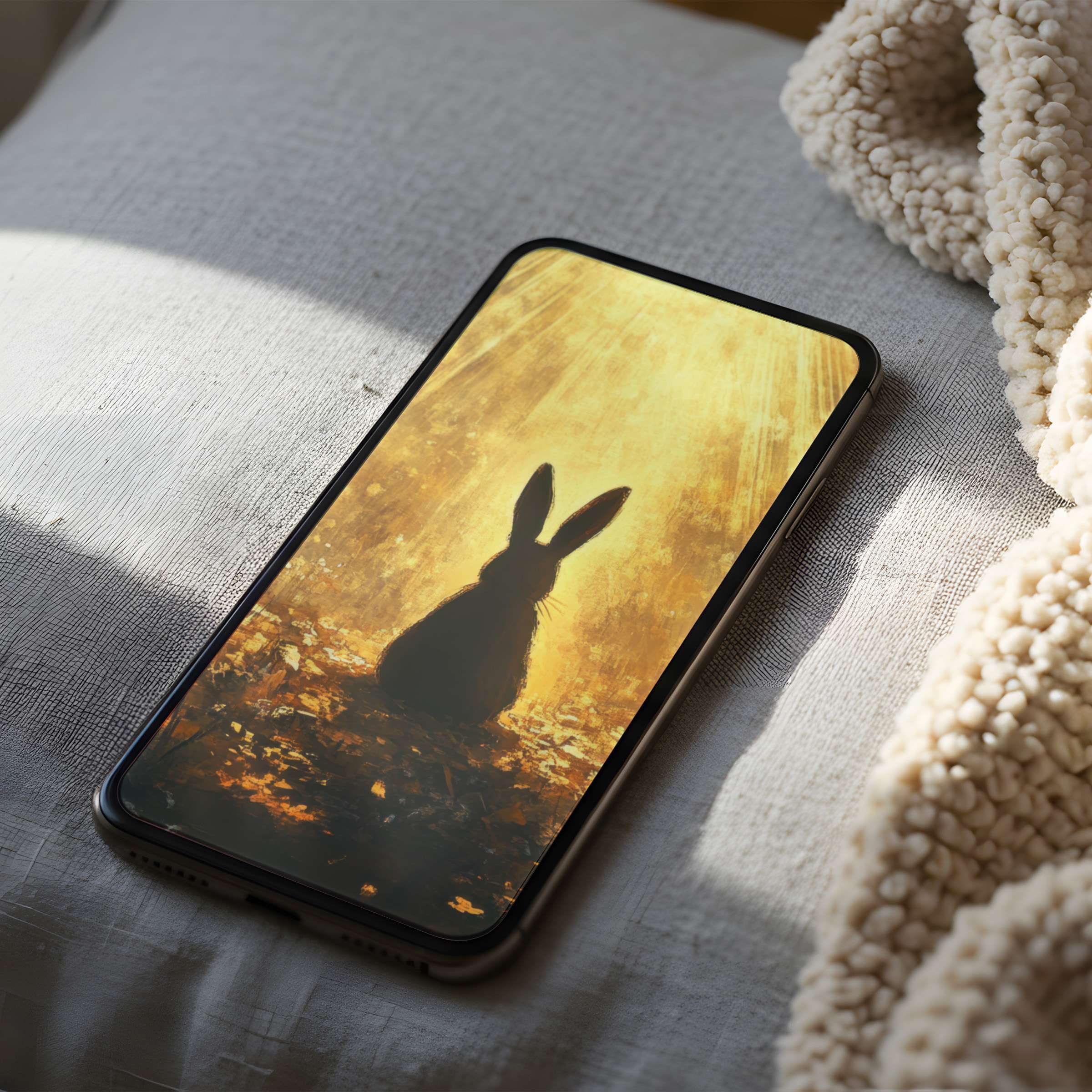 Serene phone wallpaper features a rabbit silhouette in golden light, perfect for iPhone and Android users seeking high-resolution calm