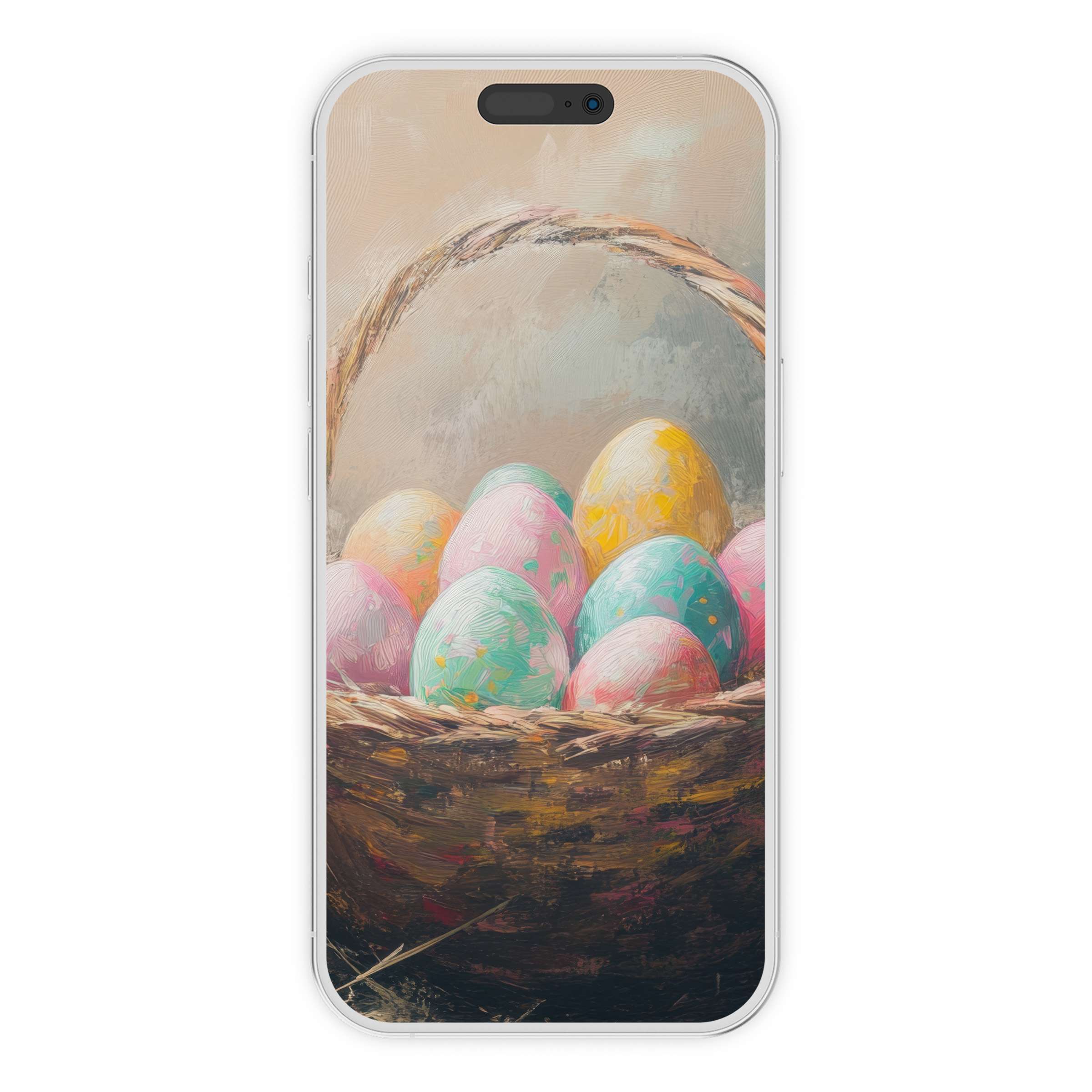 Easter iPhone wallpaper digital download with pastel eggs nestled in a rustic basket, offering a serene phone background for any device