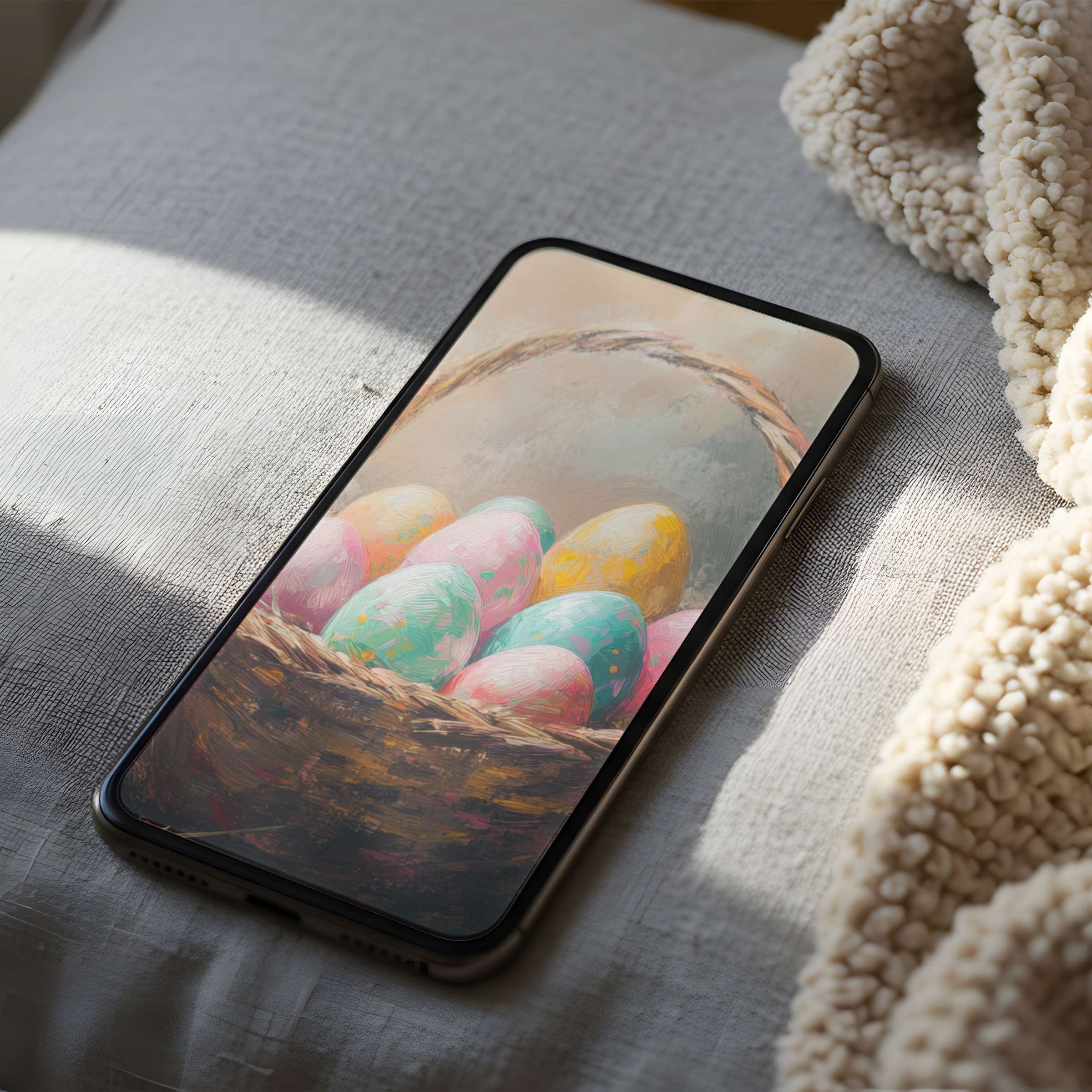 Calming pastel egg basket phone wallpaper, perfect as a high-resolution digital download for iPhone and Android users seeking elegance