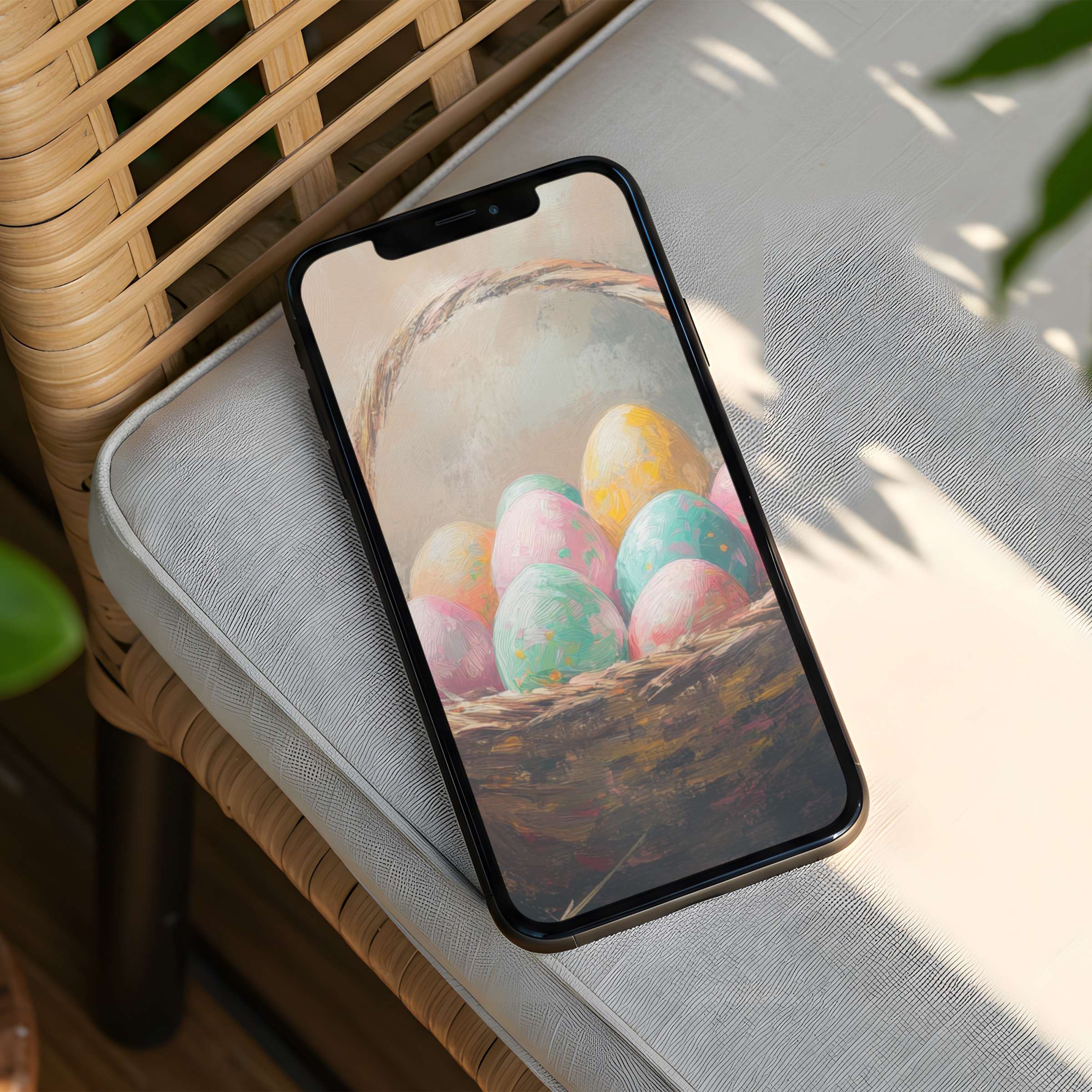 Calm wicker textures and pastel eggs create an inspiring iPhone background instant download for elegant phone aesthetics