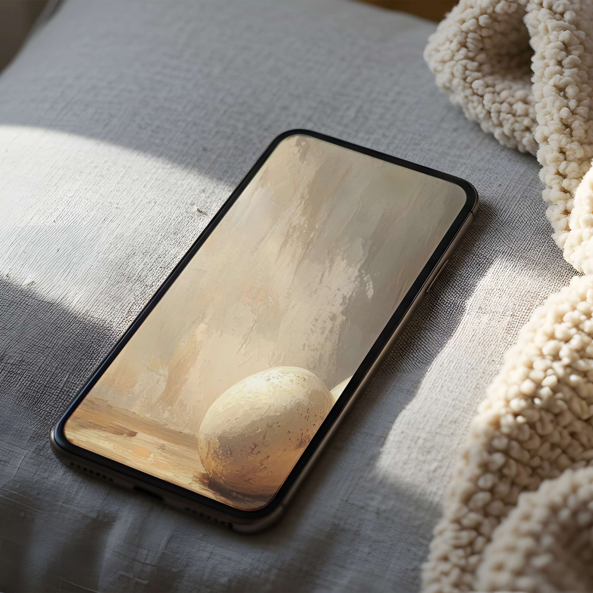 Tranquil abstract phone wallpaper art with soft earth tones on a cozy bed setting, perfect for iPhone digital download, high resolution