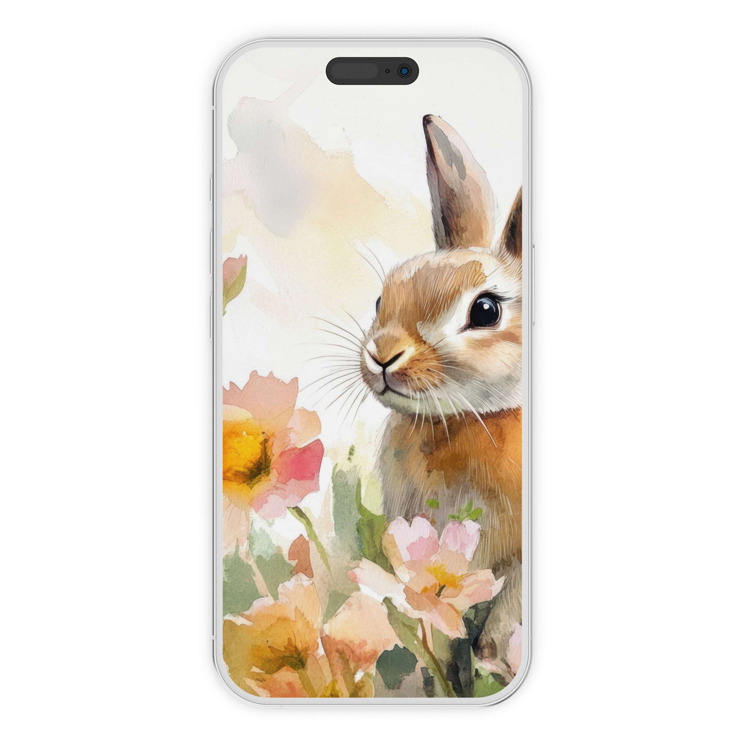 Easter iPhone wallpaper featuring a watercolor bunny amid pastel flowers, perfect digital download for elegant phone background