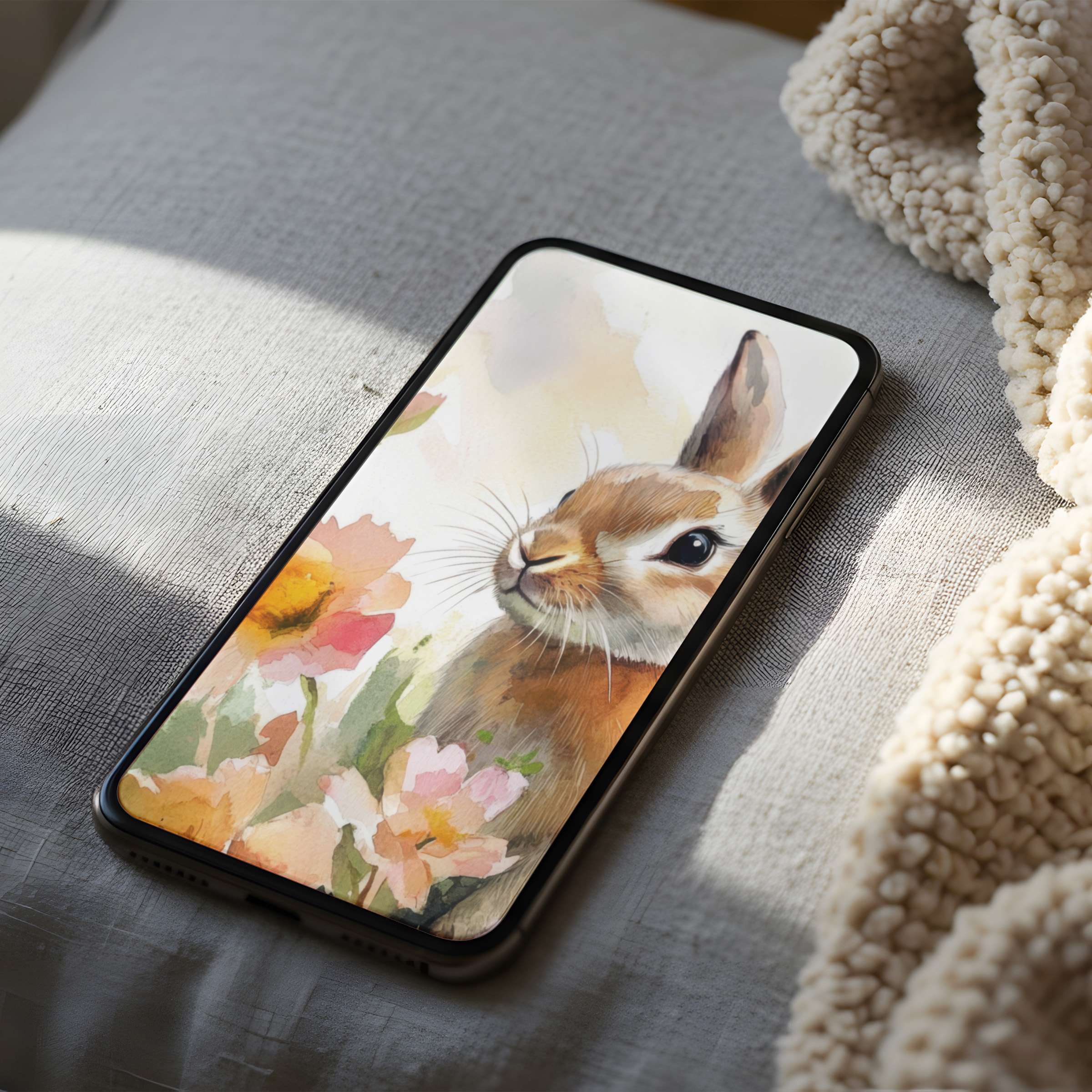 Elegant phone wallpaper featuring a serene rabbit in watercolor among flowers, perfect for high-resolution iPhone or Android download