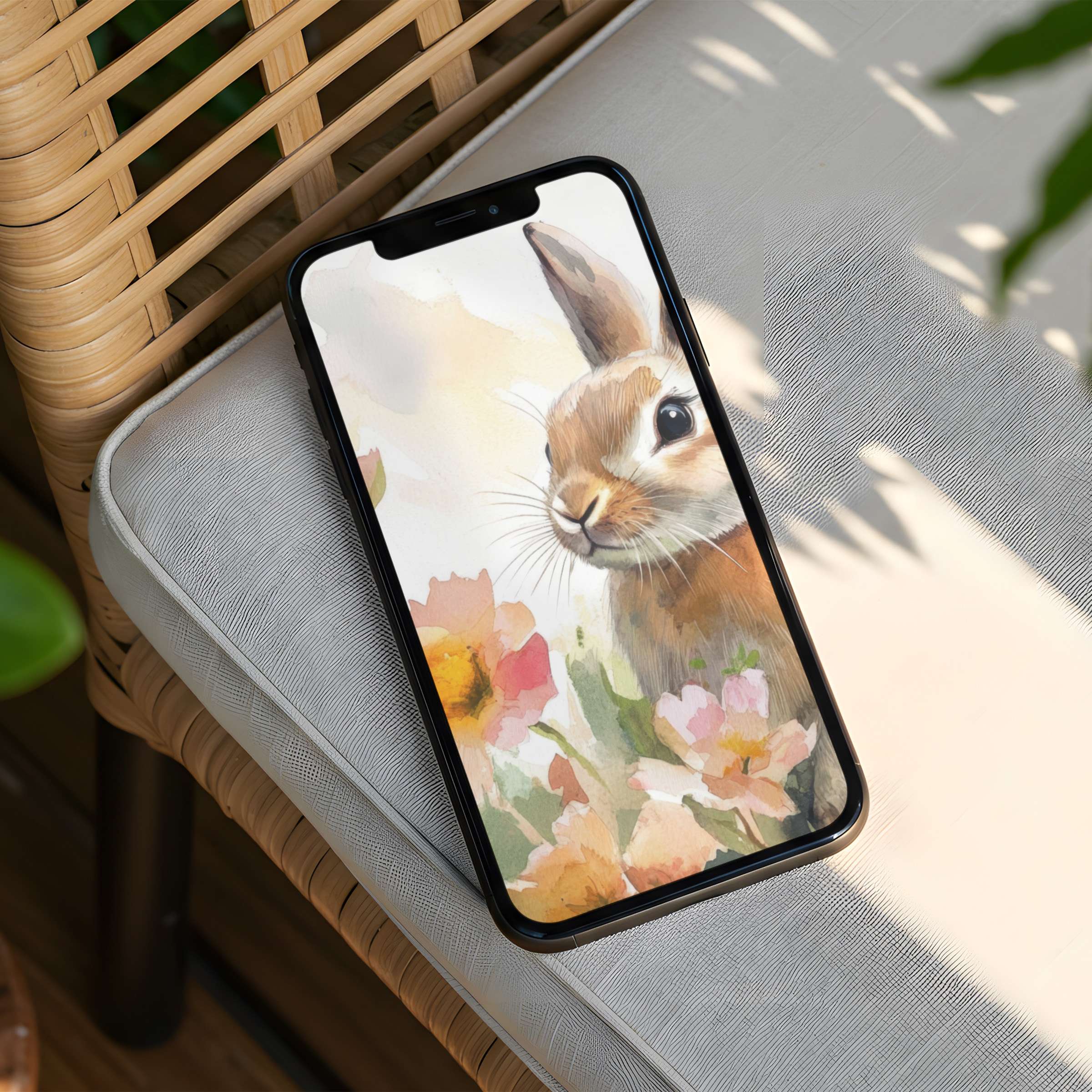 Serene watercolor bunny with flowers as an iPhone background offers calm elegance, mindfulness, and instant download for your phone