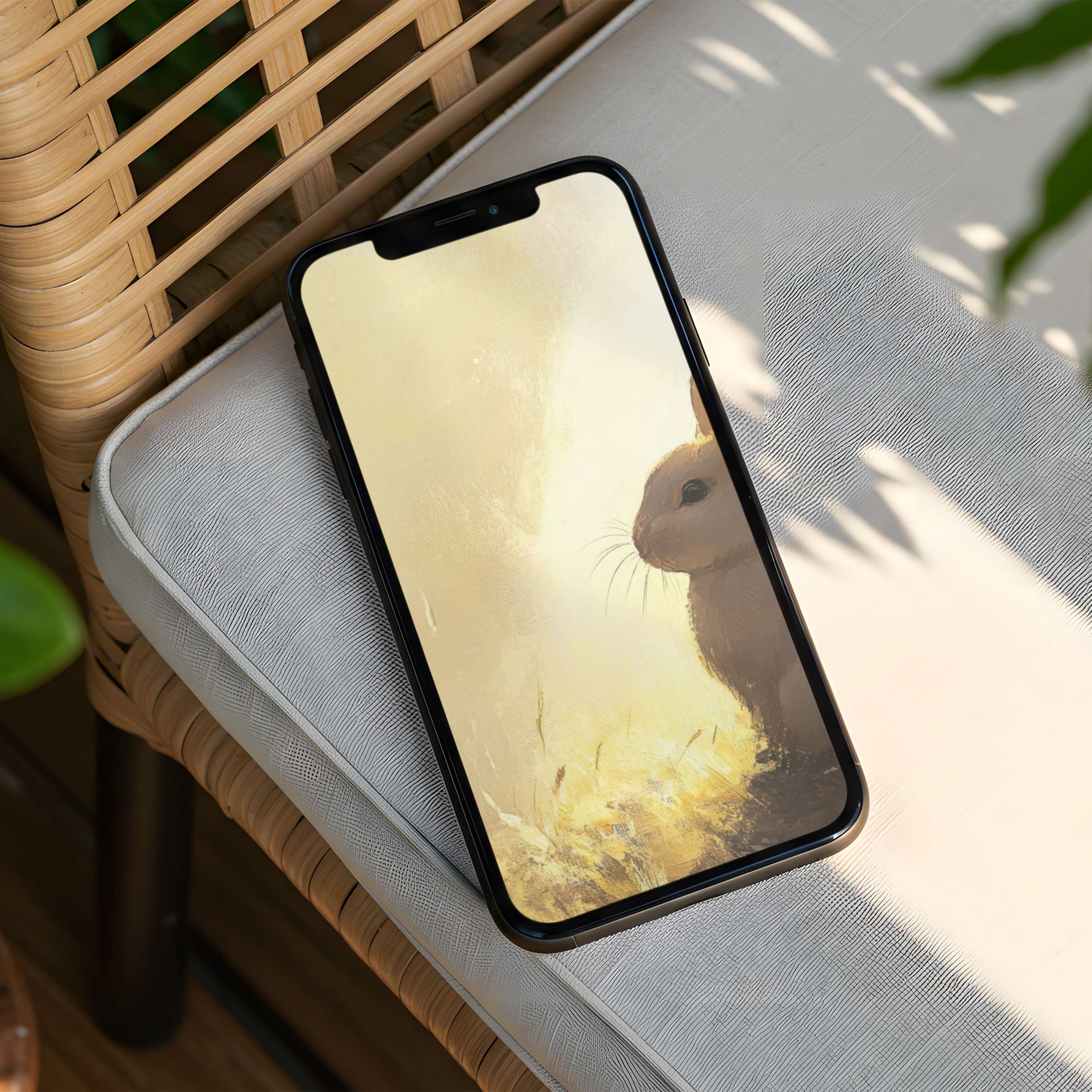 Elegant iPhone background featuring a serene rabbit in golden hues for calm and inspiration, perfect for instant download to any phone