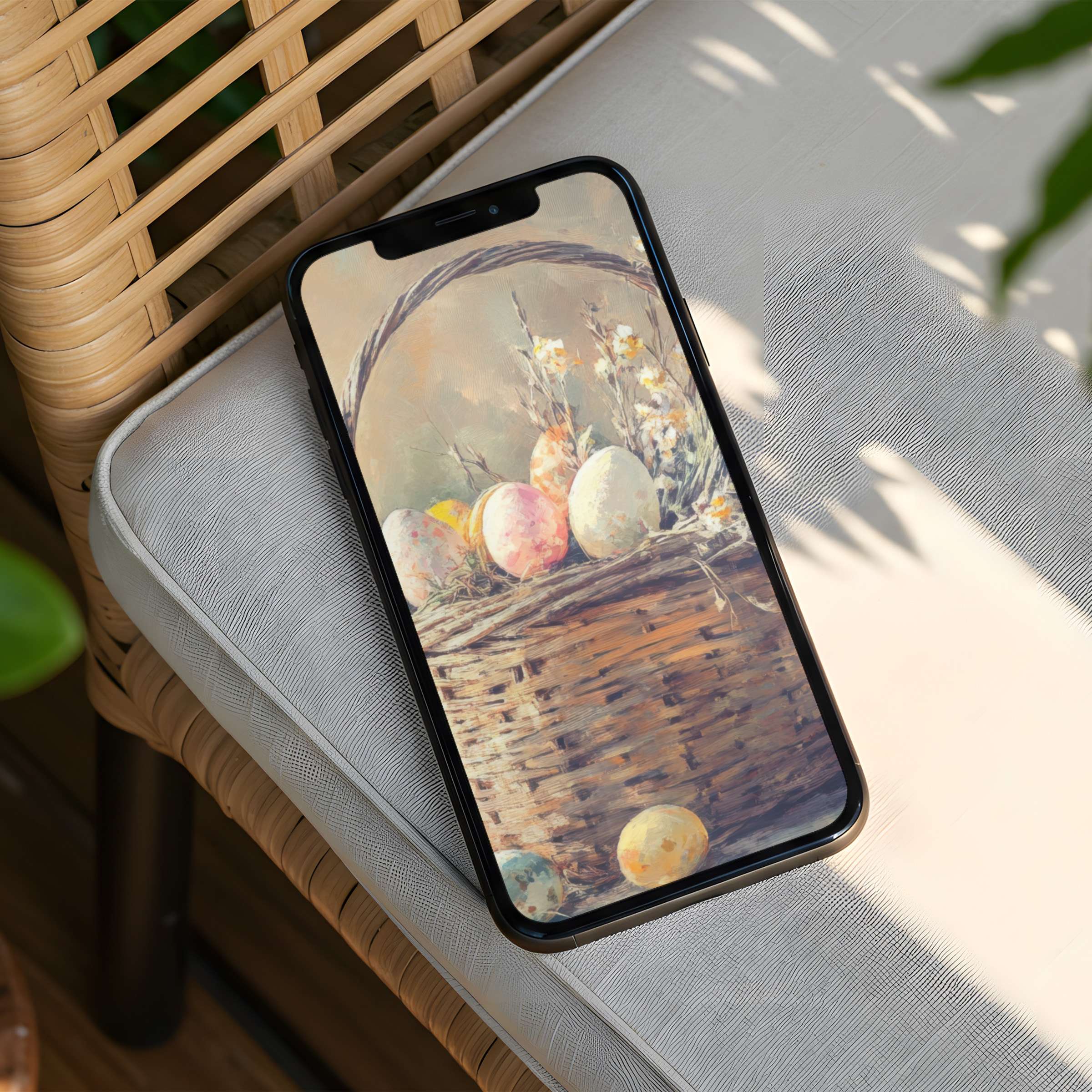 Calming iPhone background featuring pastel eggs in a rustic basket evokes elegance and mindfulness, perfect for instant phone download