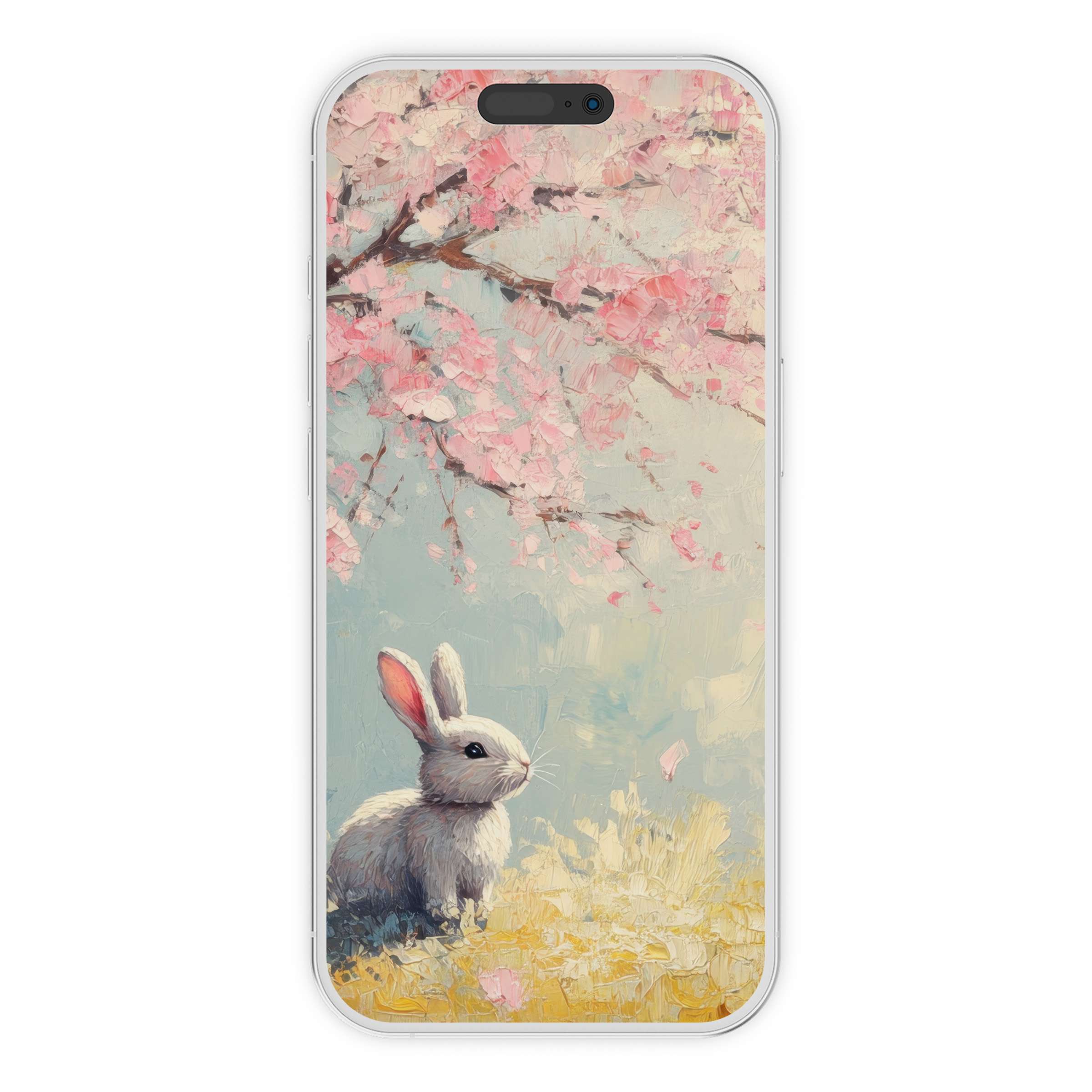 Elegant Easter iPhone wallpaper digital download featuring a serene bunny under cherry blossoms, perfect phone background for all devices