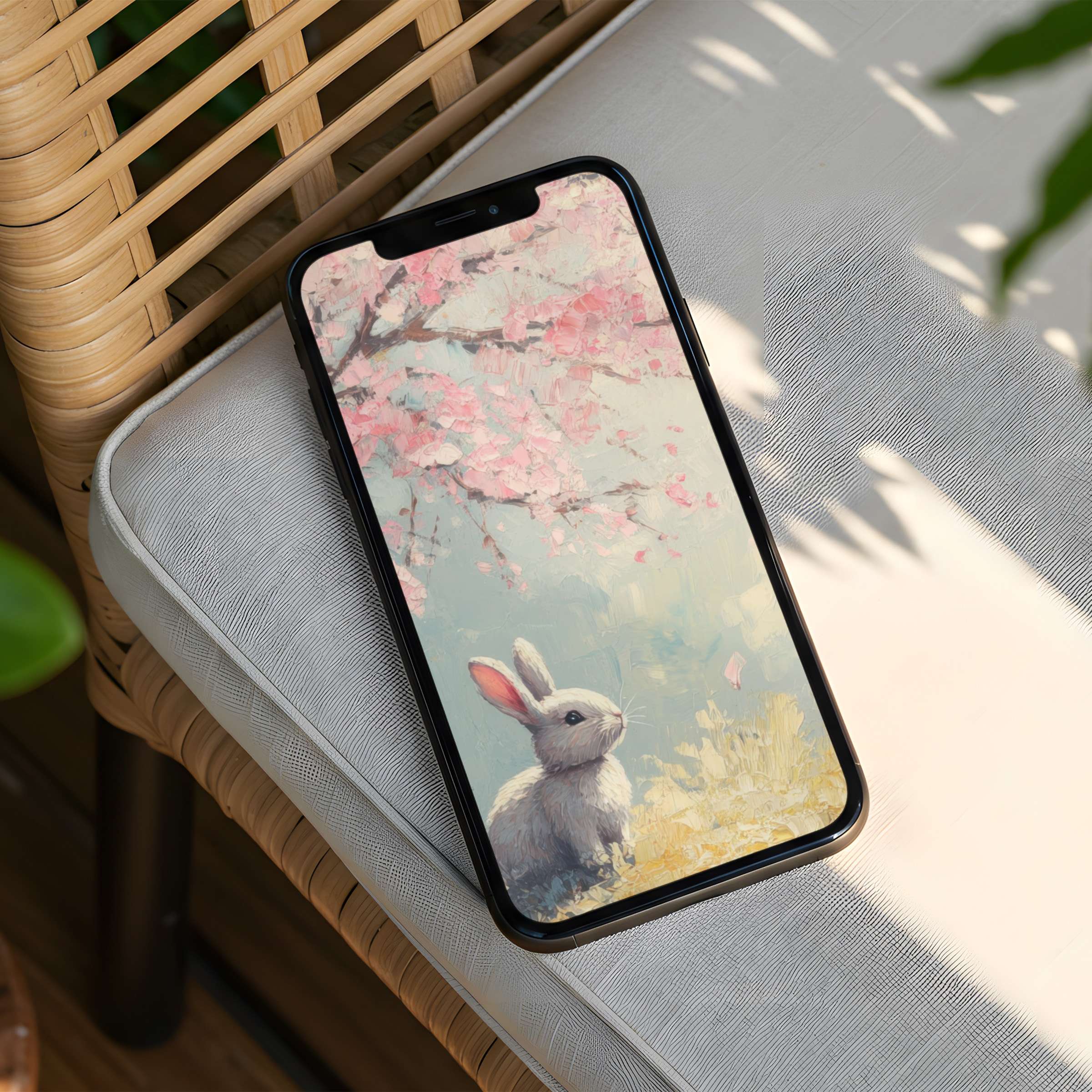 Download this serene iPhone background featuring a delicate painting of a rabbit under cherry blossoms for your phone's instant elegance