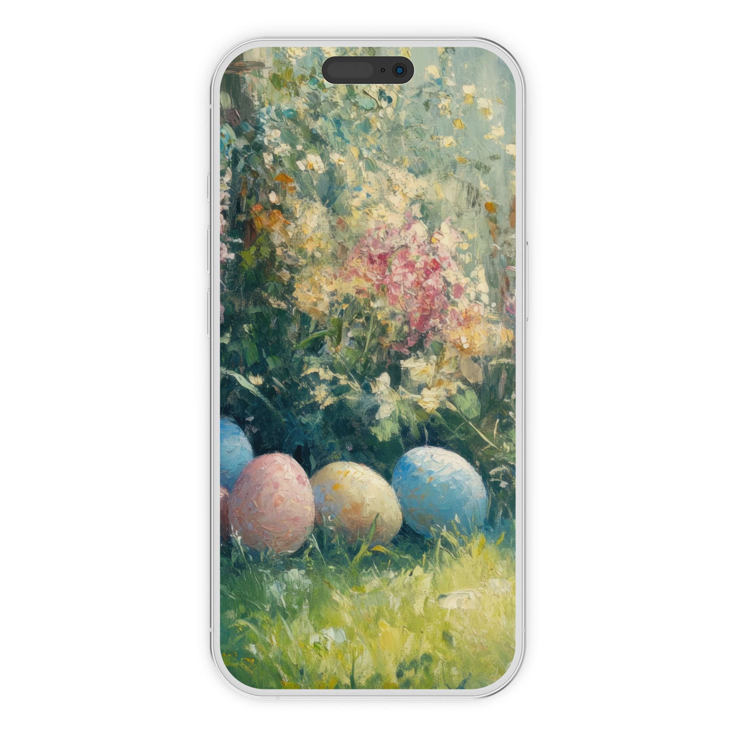 Elegant easter iPhone wallpaper featuring pastel eggs in a lush garden phone background digital download for calming design appeal