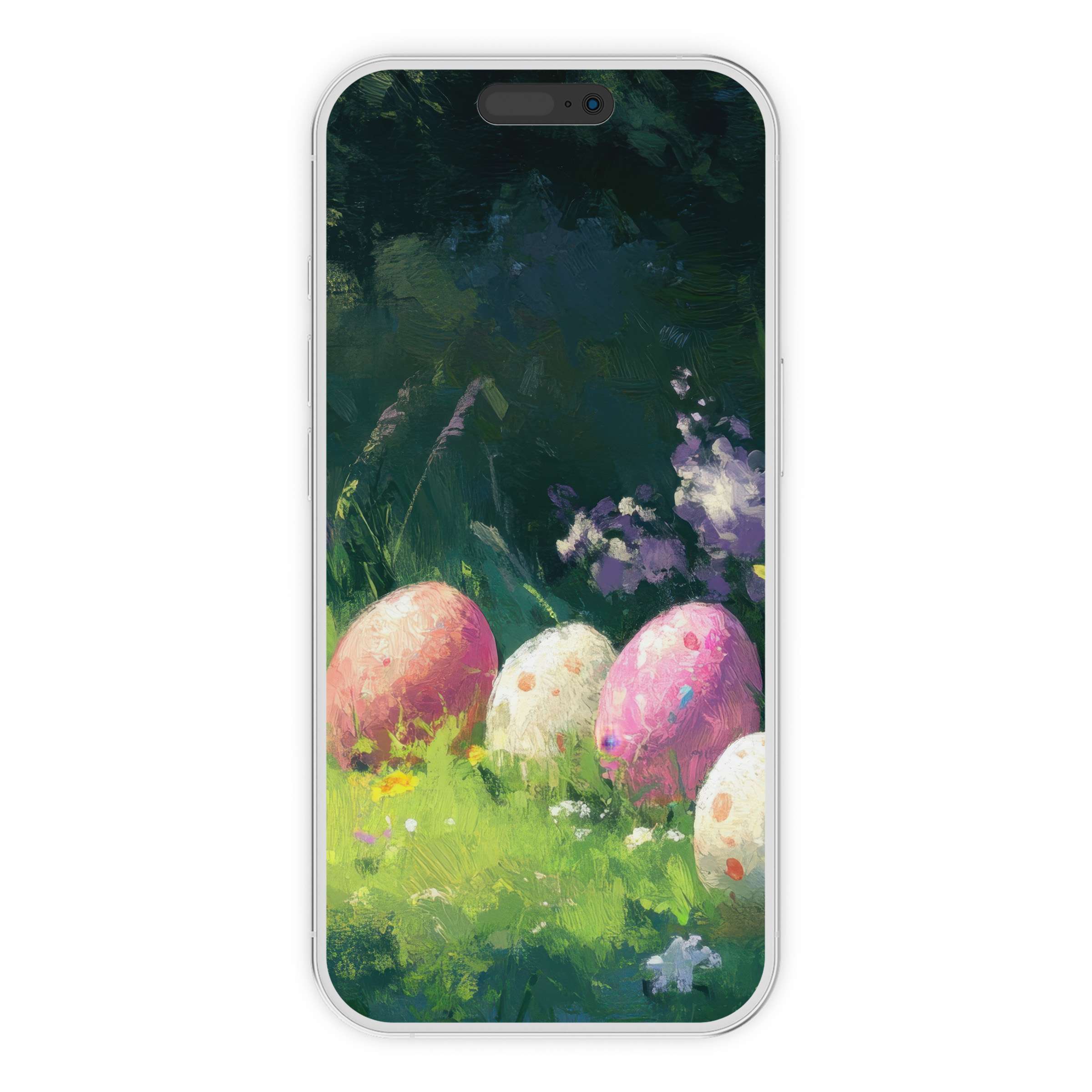 Vibrant easter iPhone wallpaper features painted eggs in lush grass, perfect phone background for stylish digital download seekers