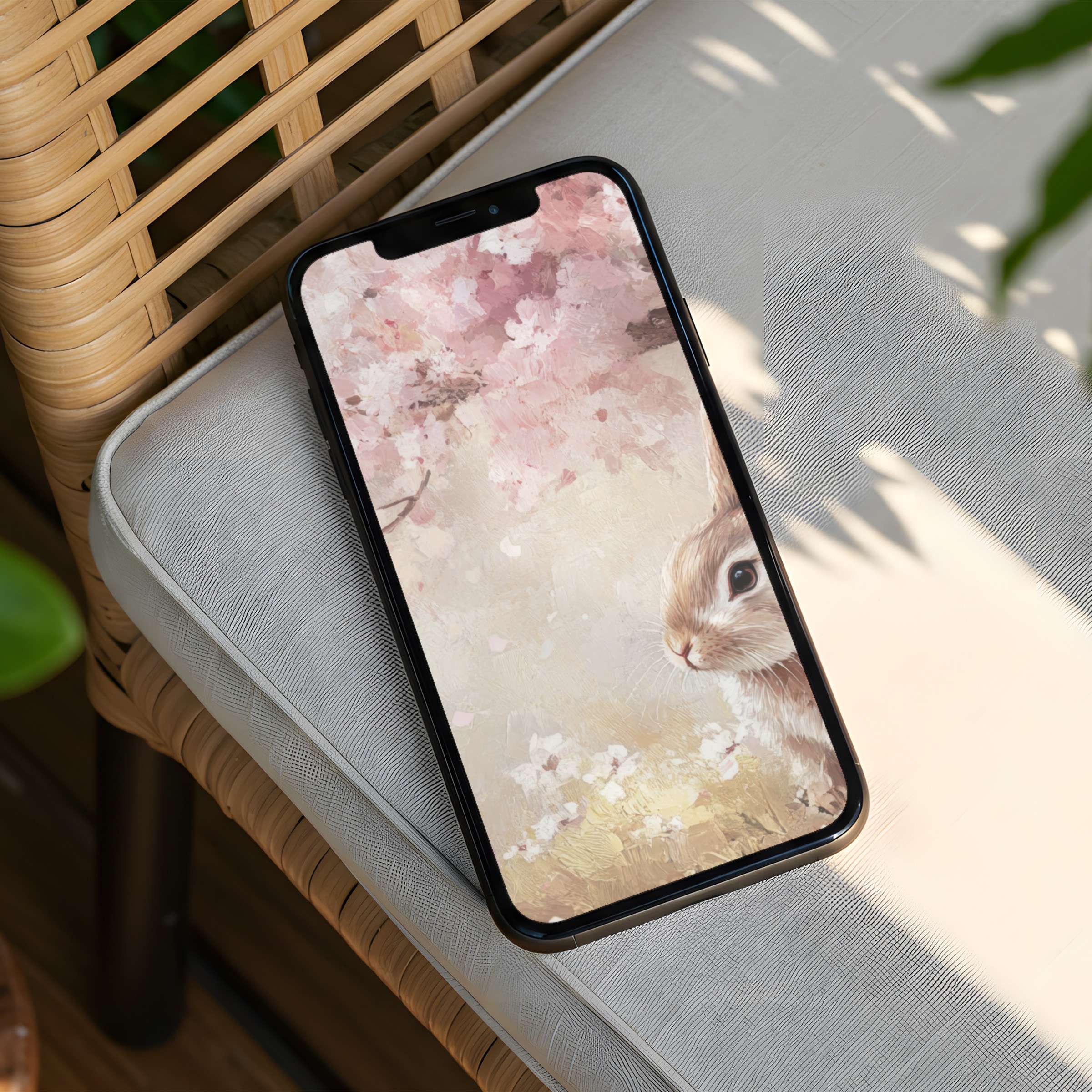 Elegant iPhone background featuring serene pastel blossoms and a gentle hare illustration, offering instant download for mindful phone aesthetics