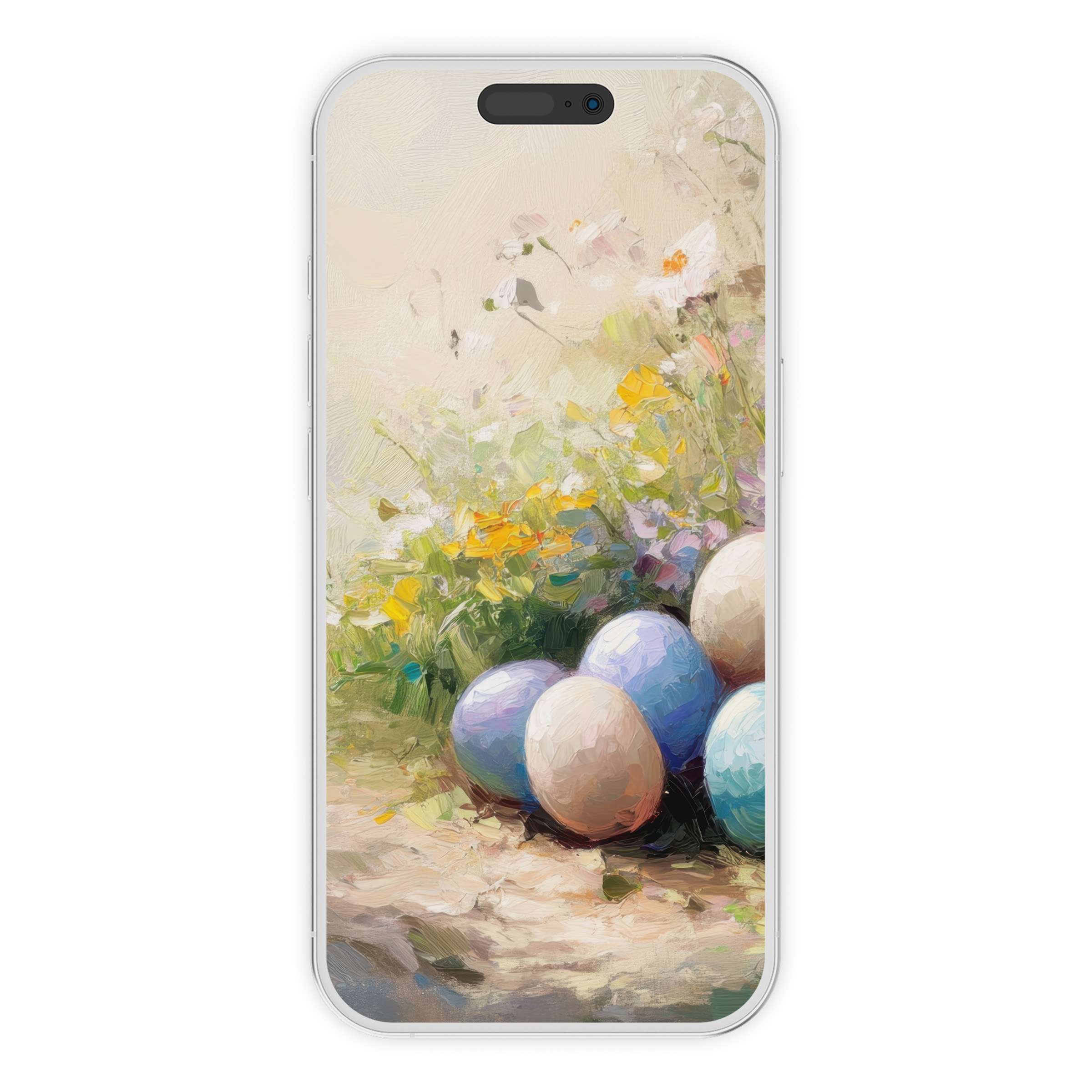 Easter iPhone wallpaper featuring pastel eggs and flowers, a digital download ideal for calming phone background aesthetics