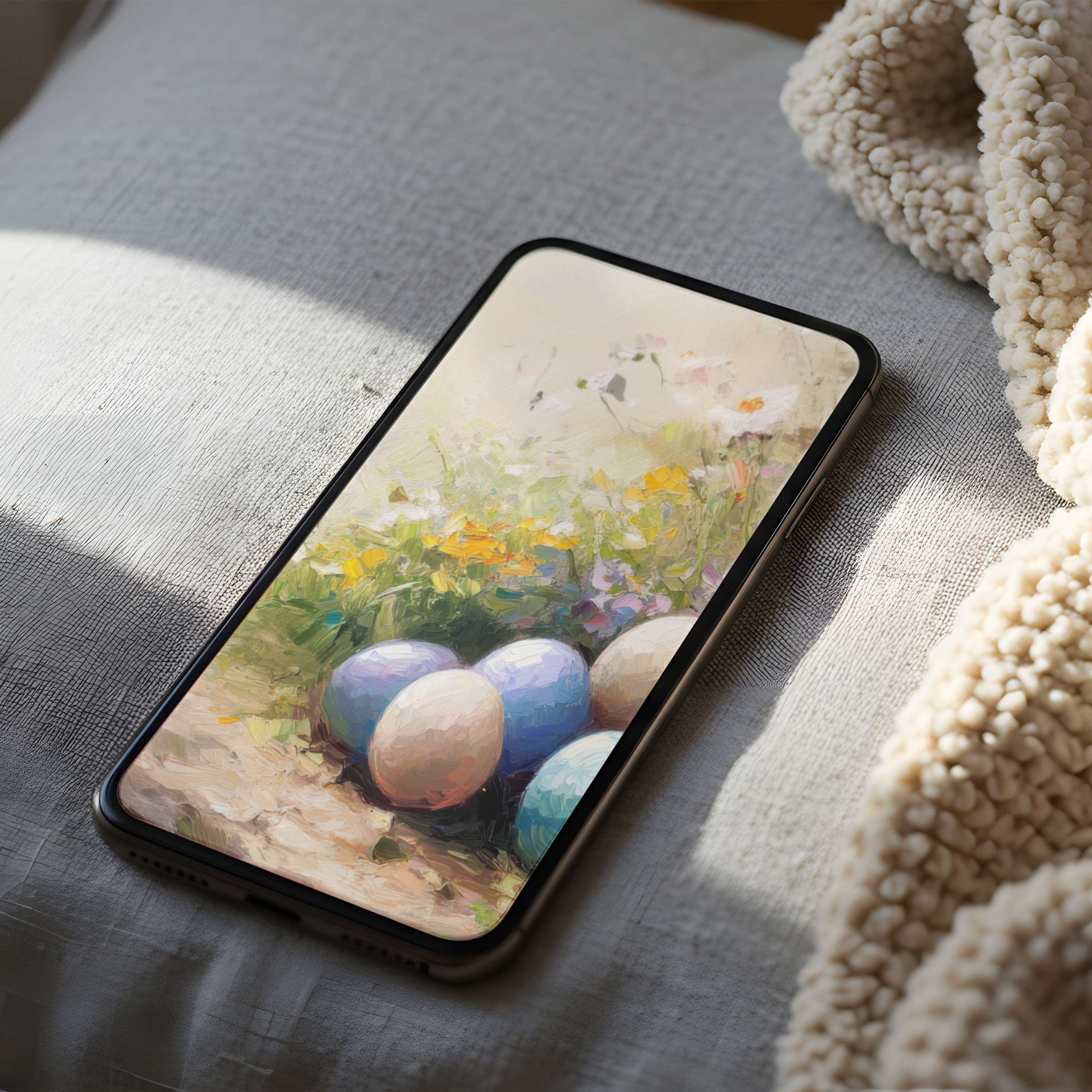 Elegant phone wallpaper featuring serene pastel eggs and wildflowers, perfect for iPhone or Android, high resolution digital download