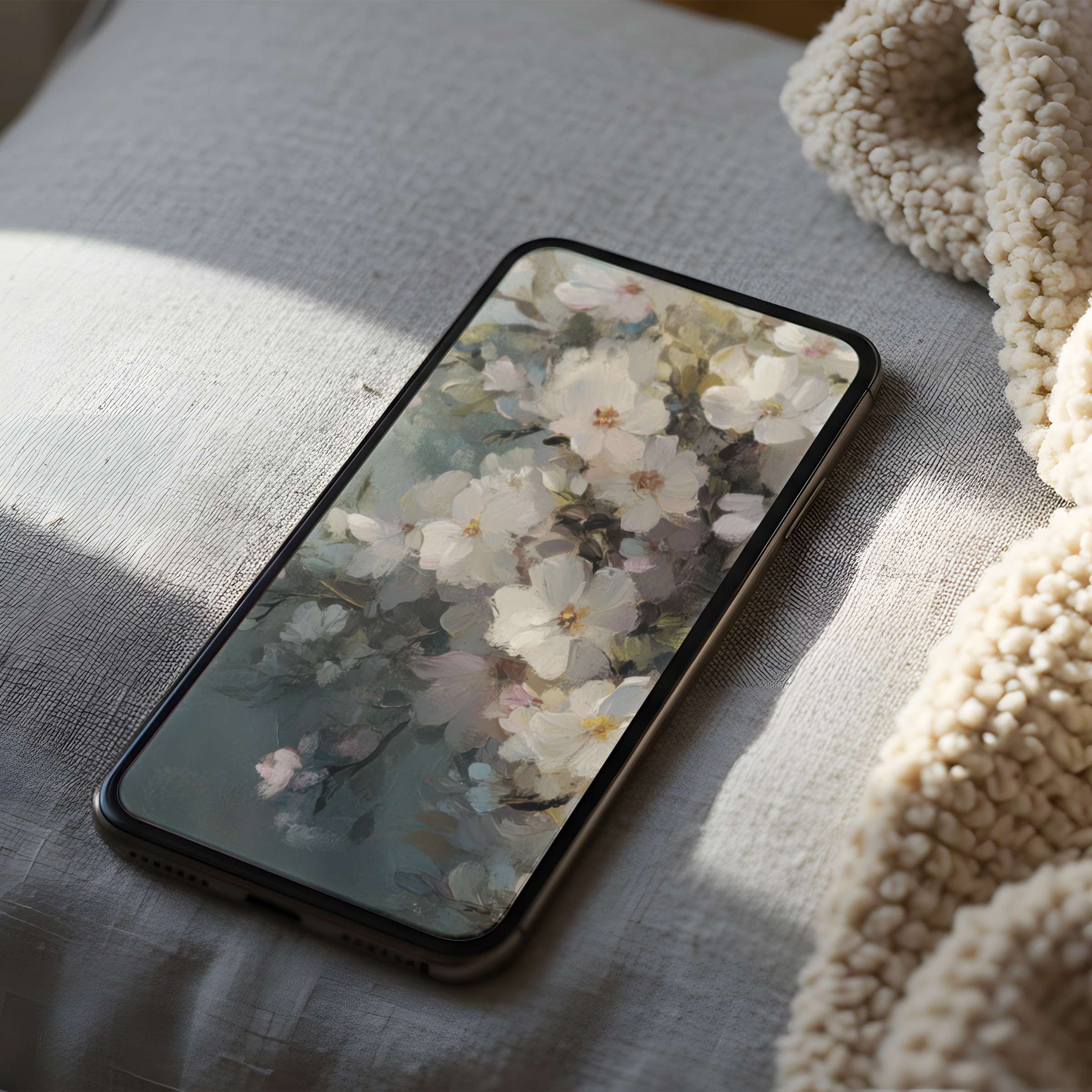 Elegant floral phone wallpaper showcasing serene white blossoms, perfect for high-resolution digital download on iPhone and Android devices