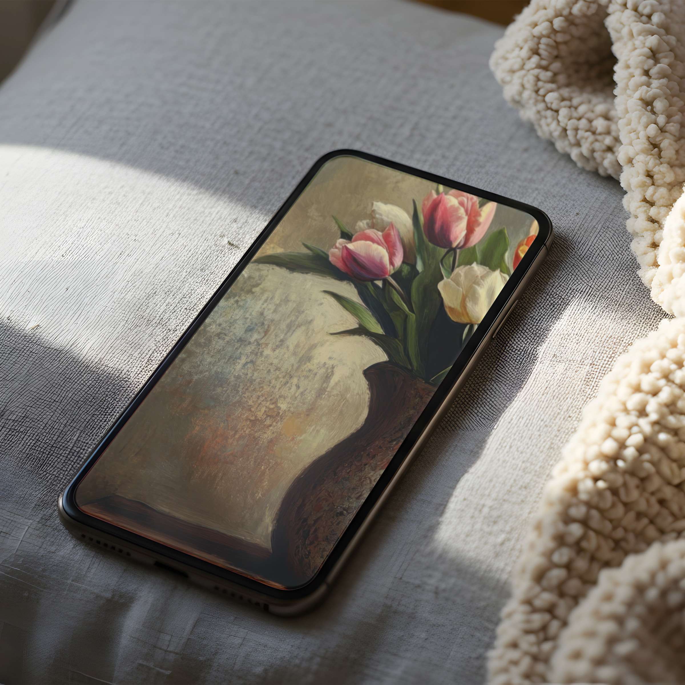 Elegant floral phone wallpaper with high-resolution tulip art exudes calmness, perfect for iPhone and Android digital download