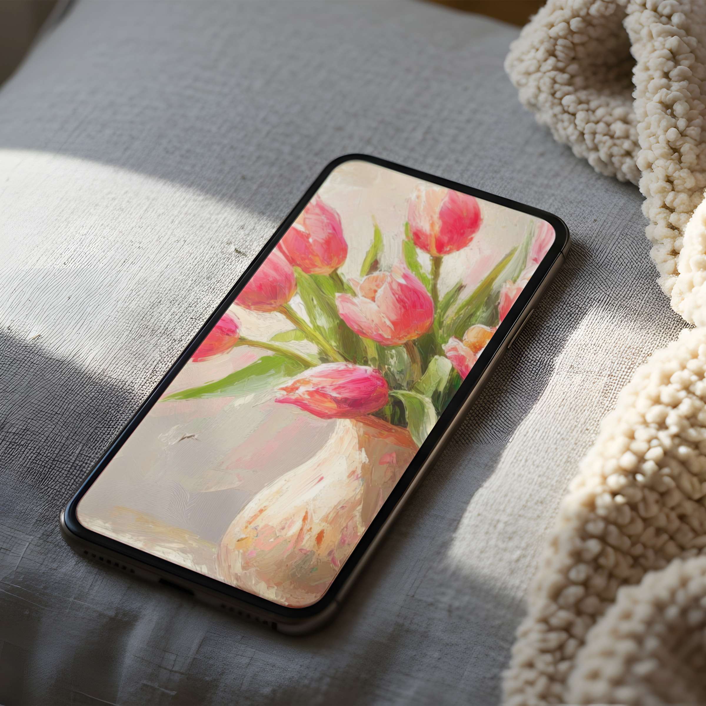 Pink tulip phone wallpaper with serene brushstrokes adds elegance, suitable for iPhone and Android, available as a digital download