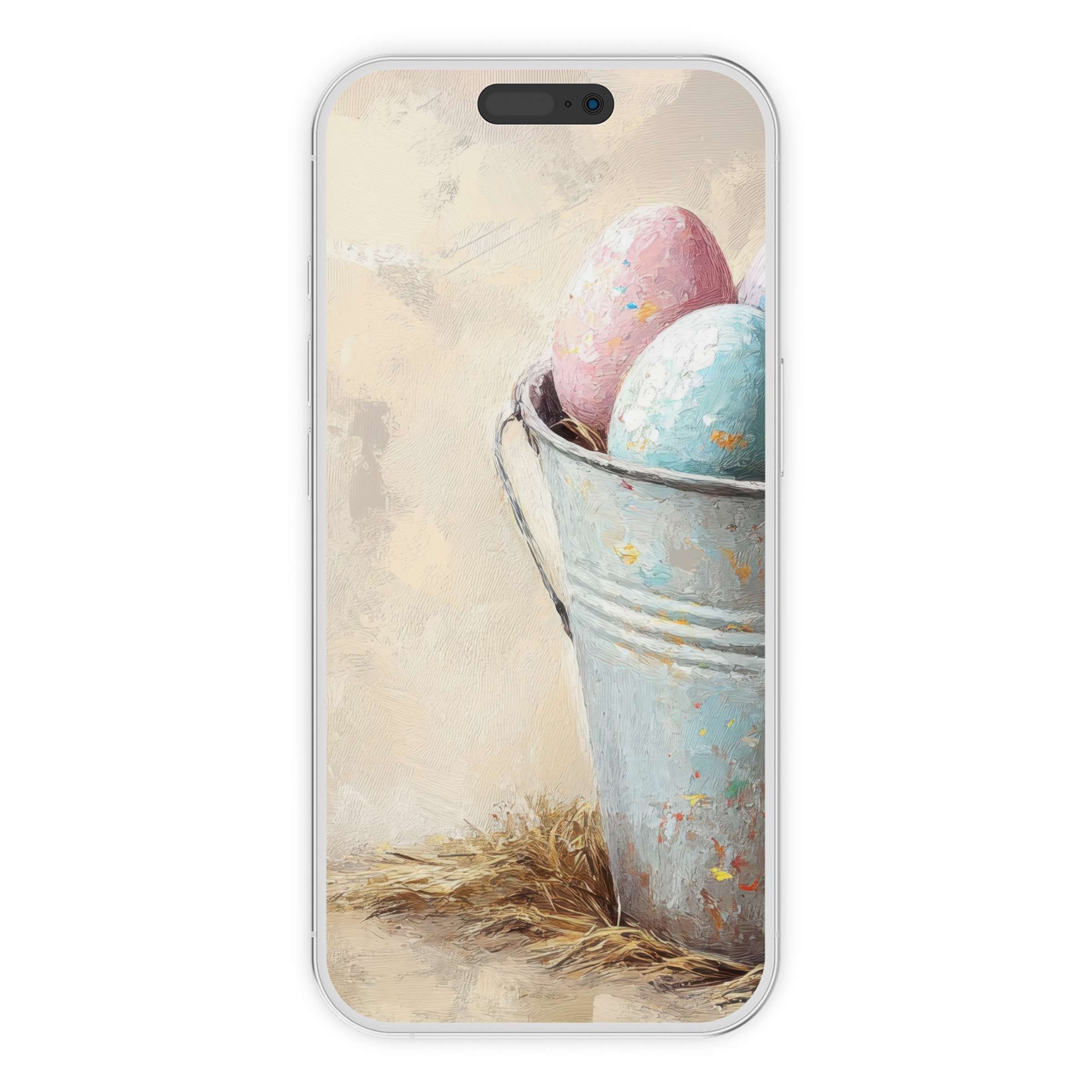 Easter iPhone wallpaper with pastel eggs in a rustic bucket on textured background digital download for elegant phone charm