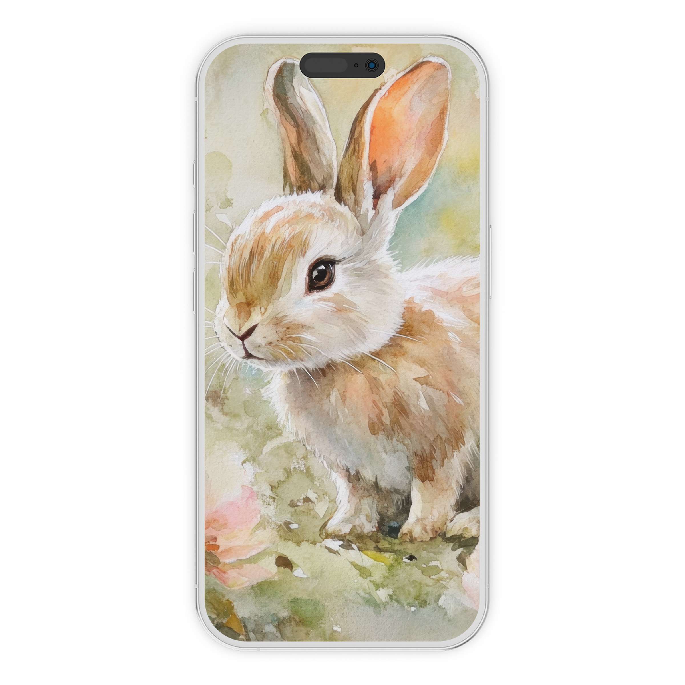 Easter iPhone wallpaper digital download featuring a serene watercolor rabbit on a pastel background suitable for phone screens