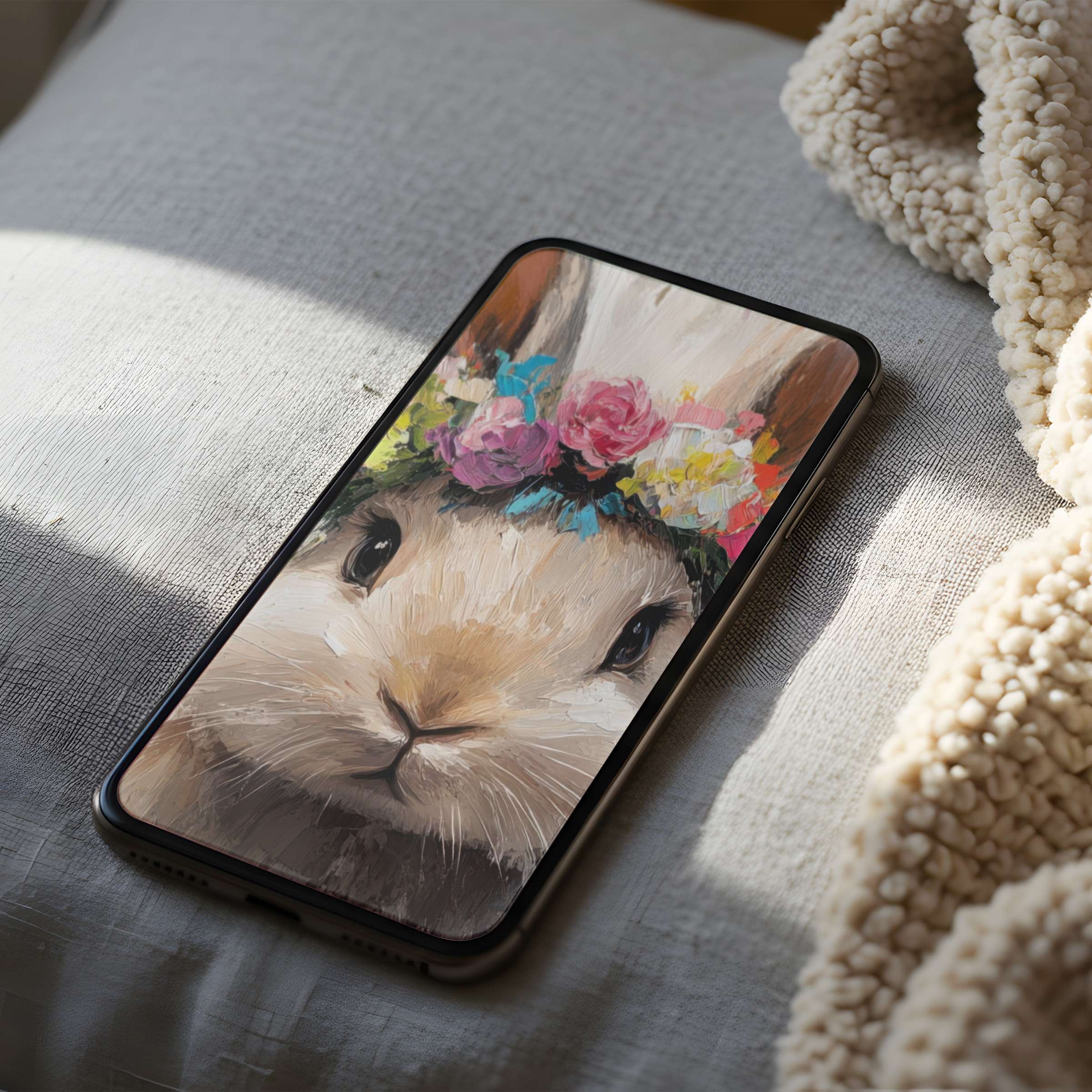 Charming phone wallpaper of a rabbit with a vibrant flower crown, offering high-resolution elegance for iPhone and android phones