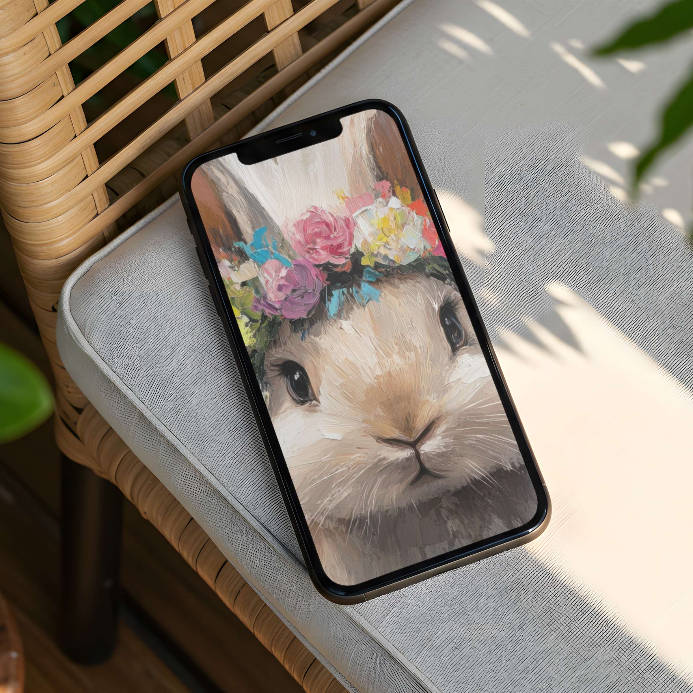 Calming iPhone background featuring a bunny with a floral crown in pastel tones on a phone for instant download inspiring elegance