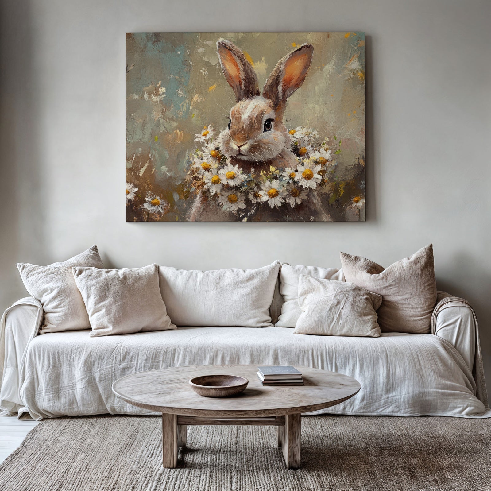 Easter printable wall art featuring a cute bunny with a daisy flower crown in soft pastel tones, displayed above a neutral modern sofa with cozy textures and natural decor