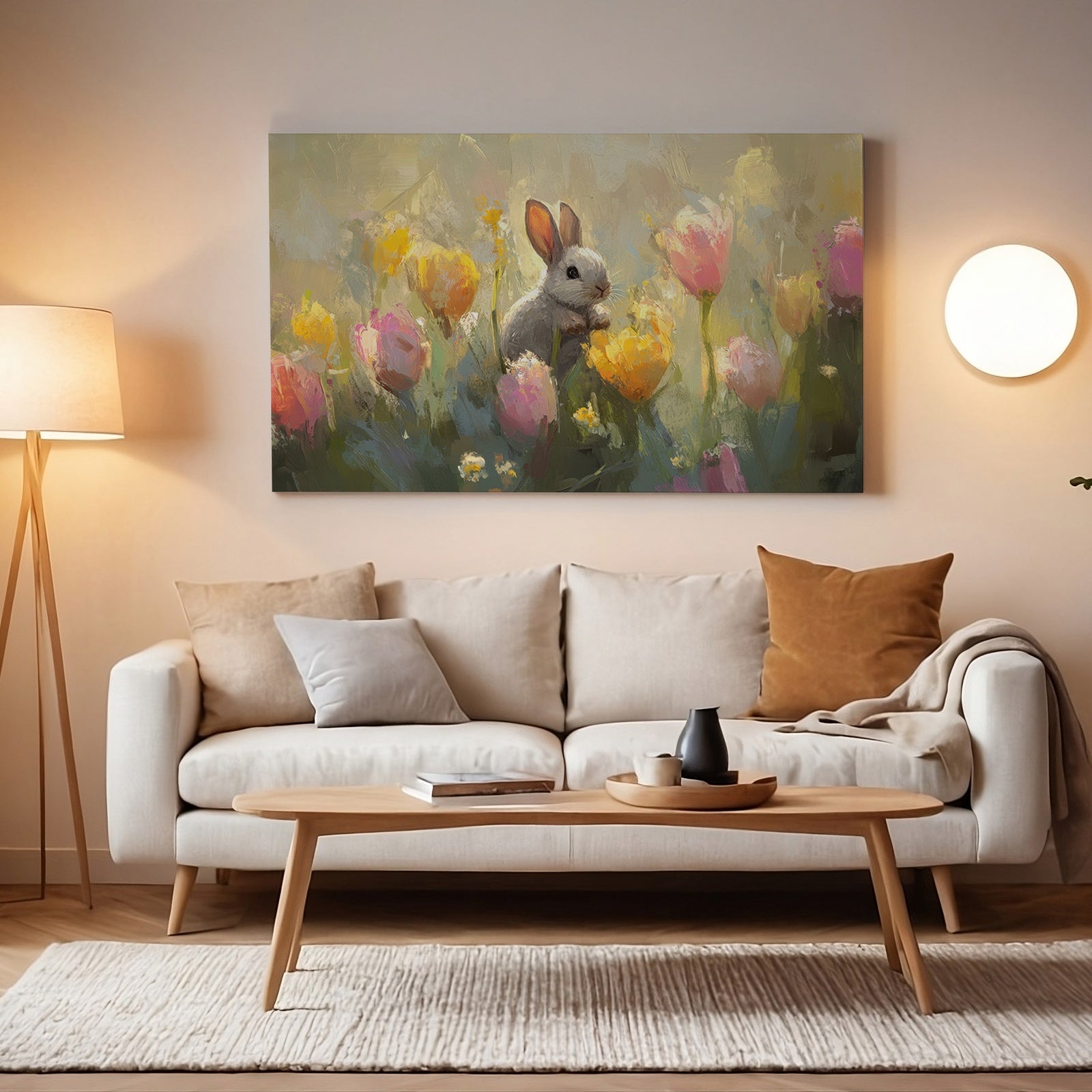 Easter printable wall art featuring a cute bunny sitting among colorful spring tulips, displayed above a warm modern sofa with soft neutral decor and cozy lighting