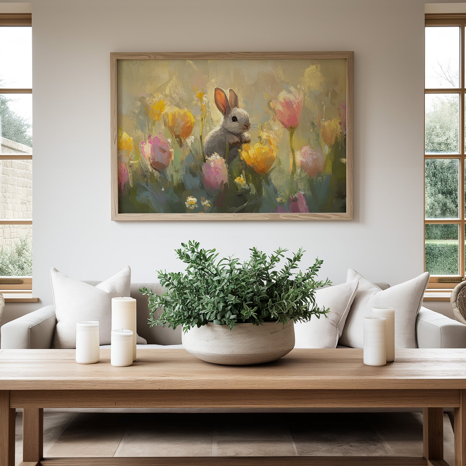 Easter downloadable wall art featuring a cute bunny surrounded by colorful tulips in a soft painterly style, displayed in a bright modern living room with neutral decor