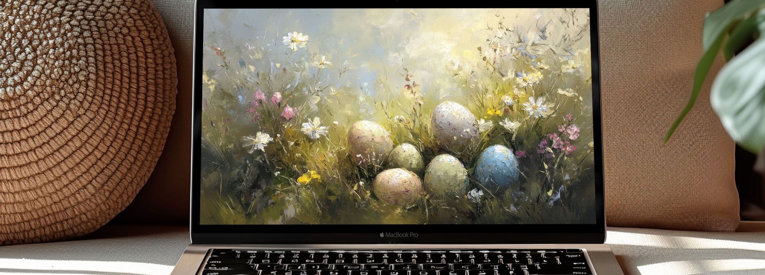 Easter wallpaper for computer featuring softly painted pastel eggs nestled among spring wildflowers, displayed on a MacBook Pro in warm natural light - gentle and artistic digital Easter desktop wallpaper by Gallery Flair designed to bring calm, renewal, and joy to your workspace