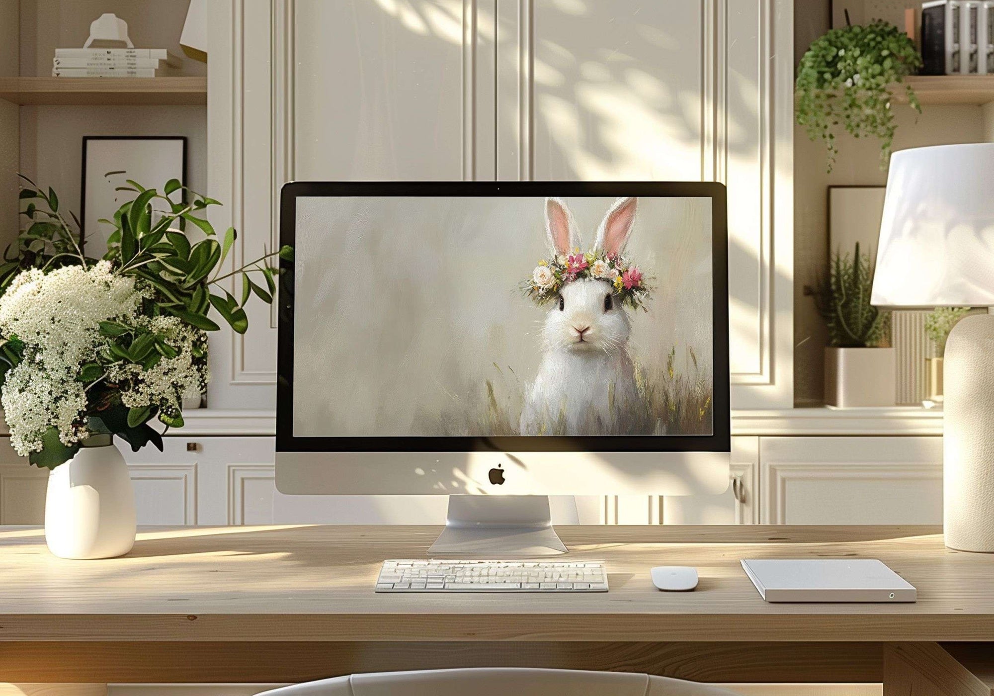Easter desktop wallpaper featuring a white bunny with a floral crown, displayed on an iMac in a bright modern home office