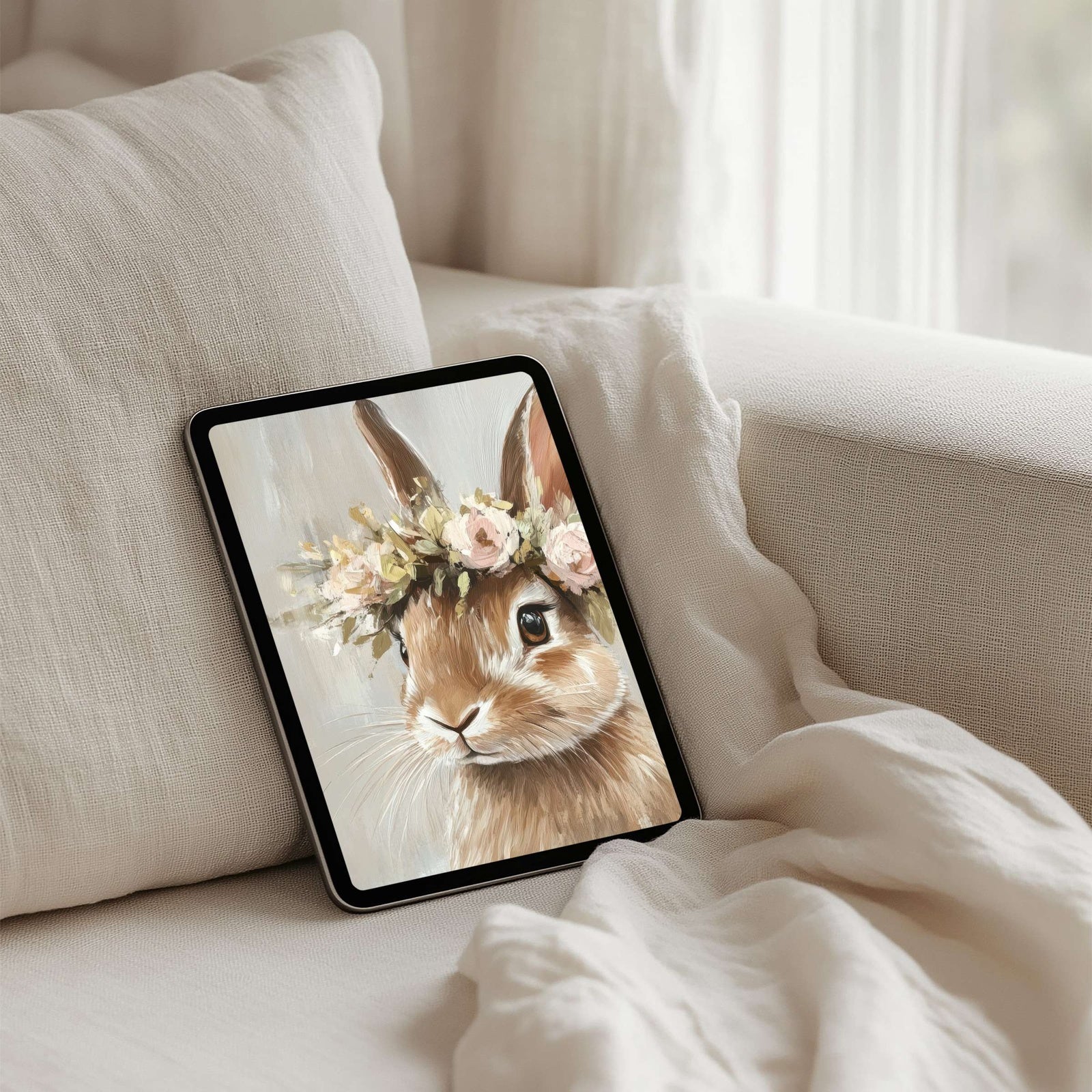 Easter iPad wallpaper featuring a charming bunny with a delicate floral crown - a heartwarming tablet background that brings springtime cheer, softness, and festive elegance to your digital space