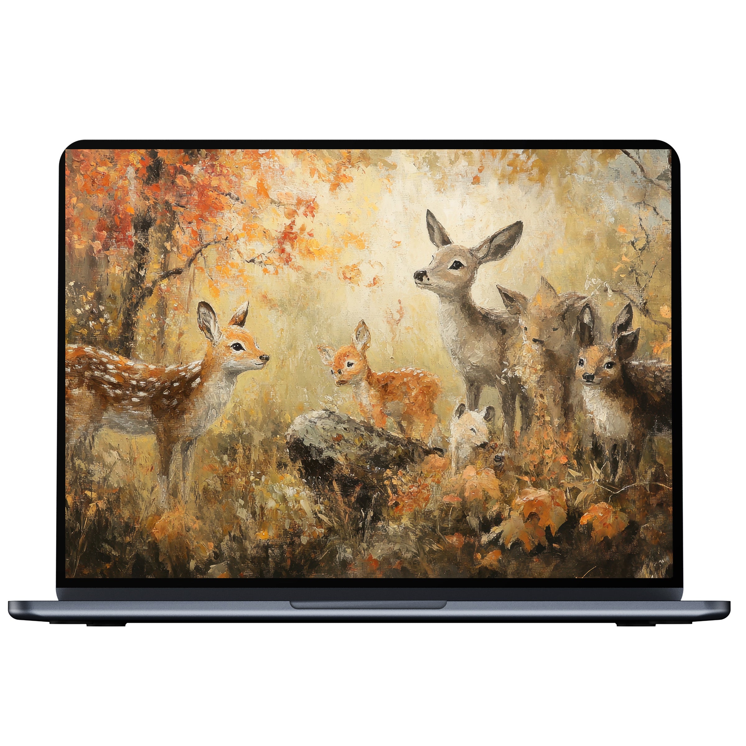 Fall desktop wallpaper featuring a serene deer family in a vibrant autumn forest digital download for PC, laptop, and Mac
