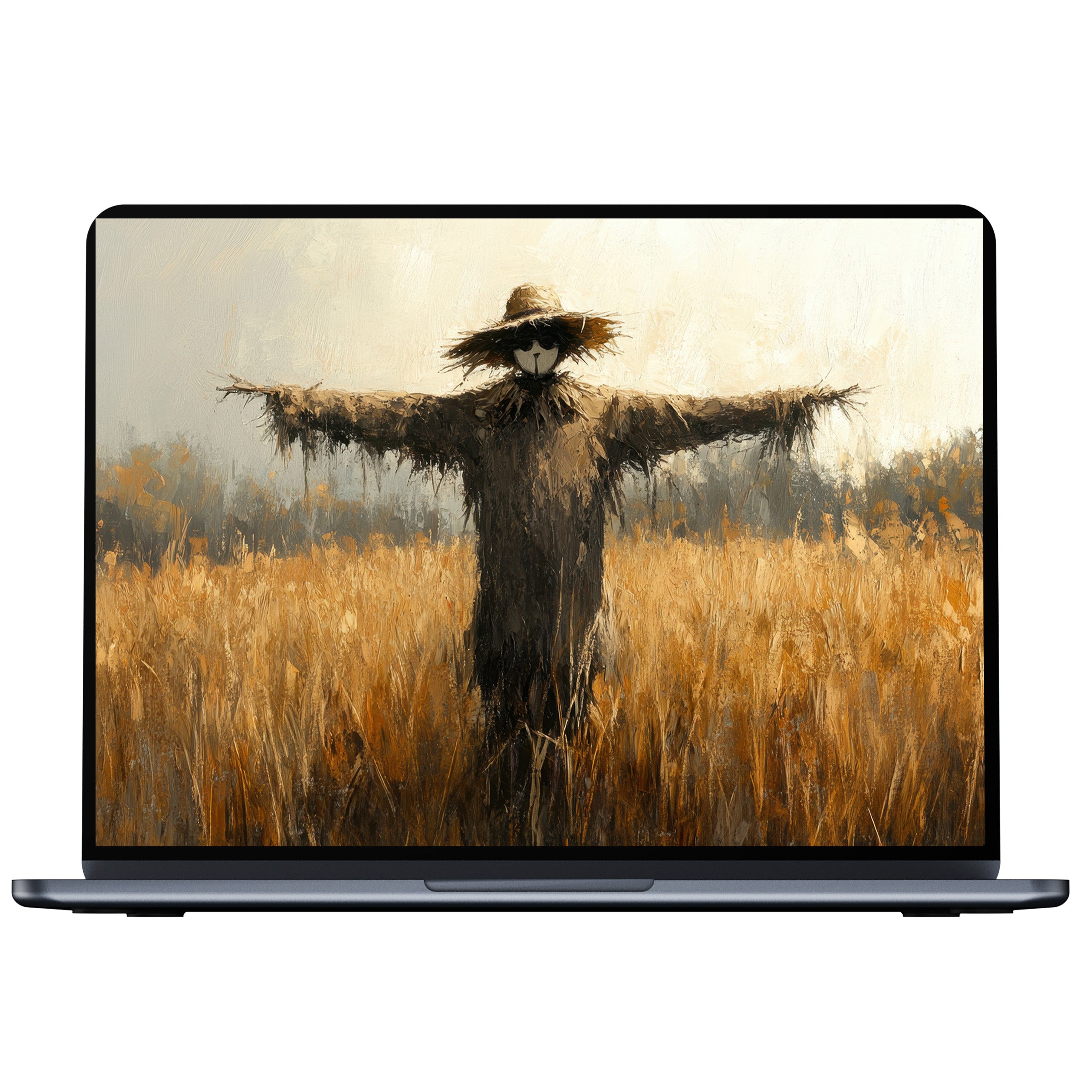 Elegant fall desktop wallpaper with a serene scarecrow in a golden field painting, perfect digital download for PC or laptop elegance