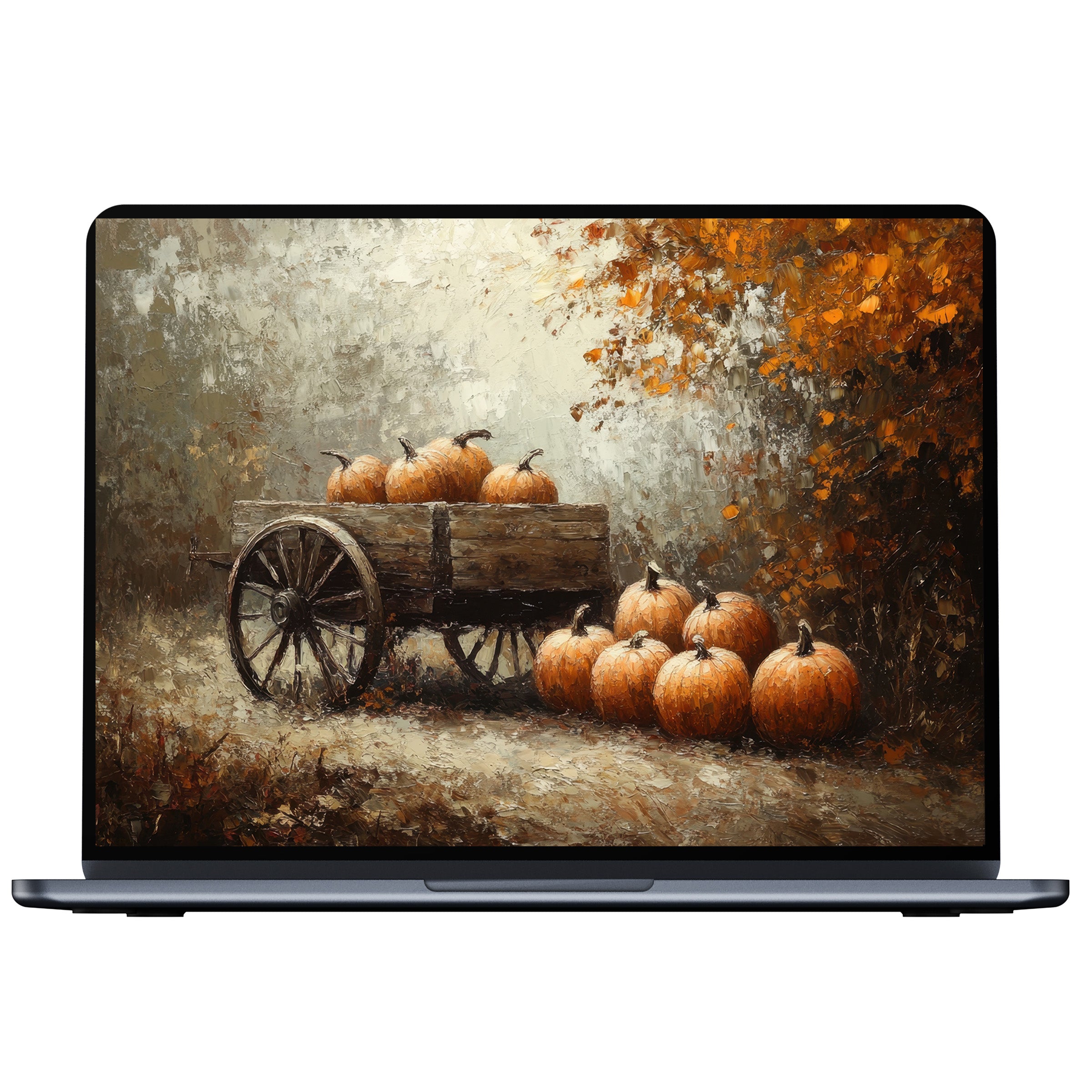 Fall desktop wallpaper with rustic pumpkins and autumn foliage in vintage style, perfect digital download for PC or laptop screens