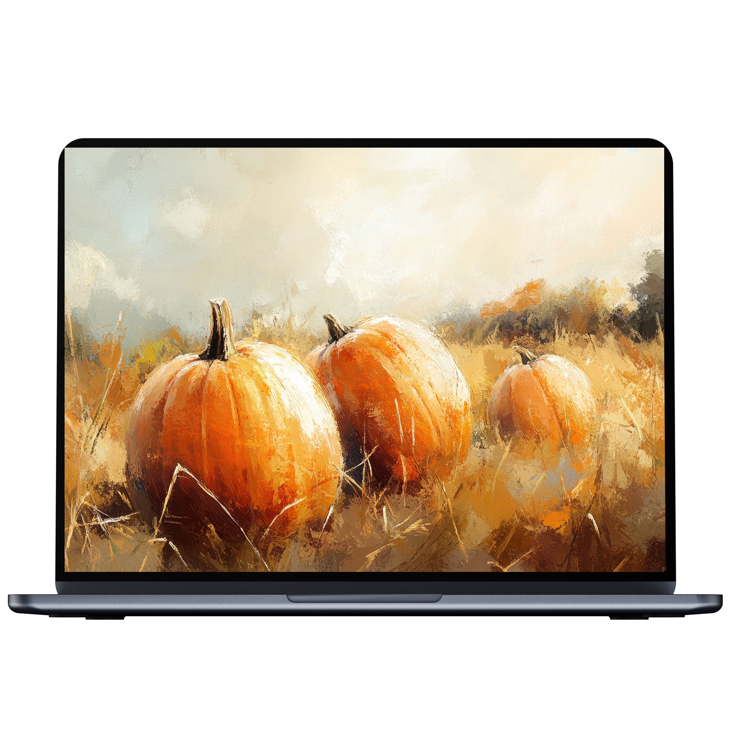 Fall desktop wallpaper featuring warm orange pumpkins in a serene field painting ideal for PC or laptop digital download use