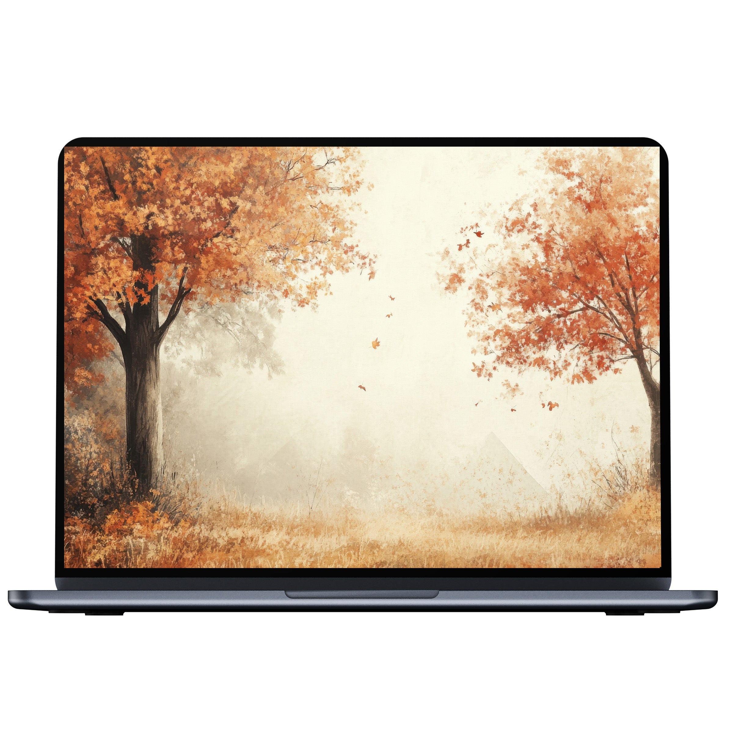 Elegant fall desktop wallpaper with orange foliage and misty horizon, ideal digital download for PC, laptop, or Mac users