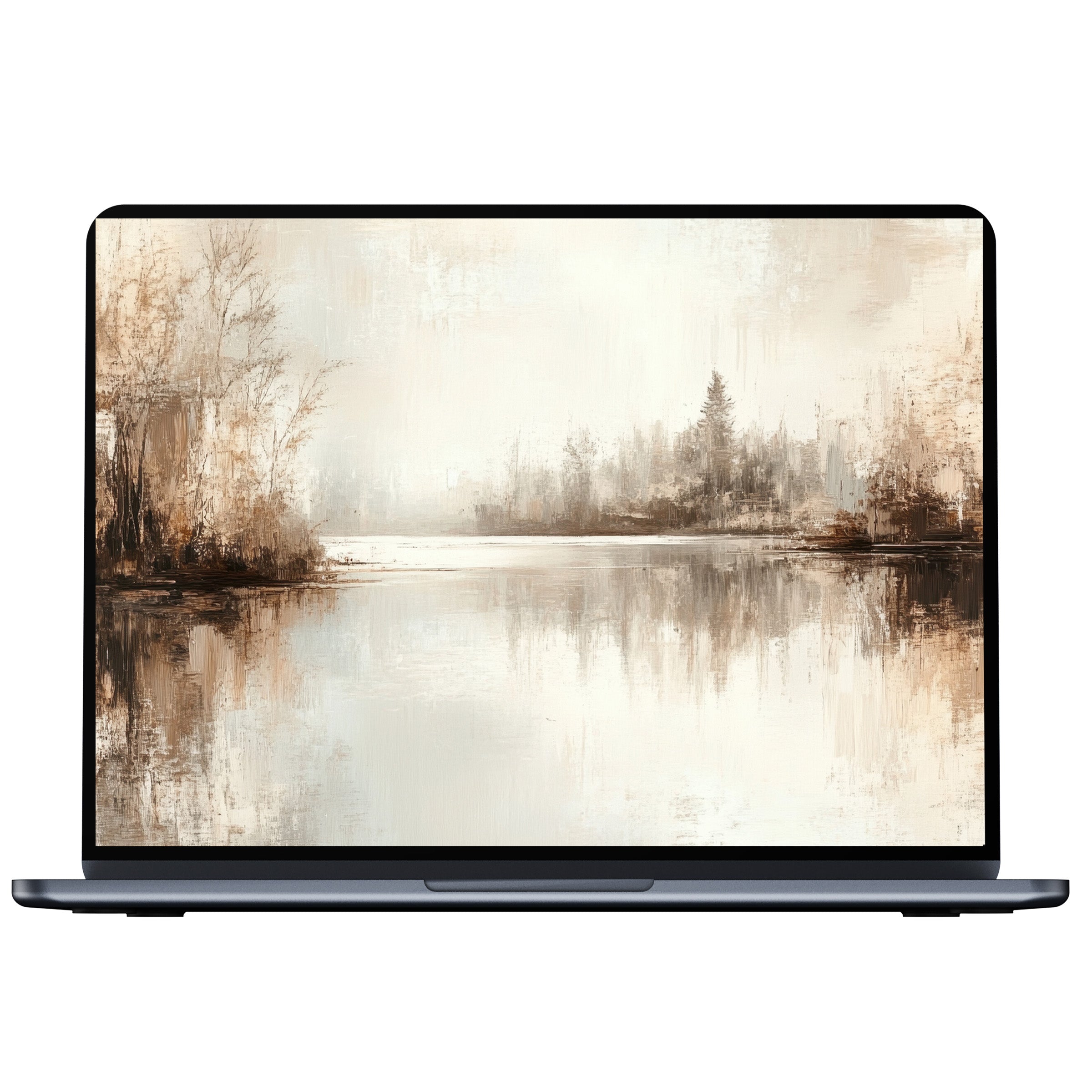 Serene fall desktop wallpaper digital download featuring soft beige tones and tranquil lake scene perfect for PC and laptop backgrounds