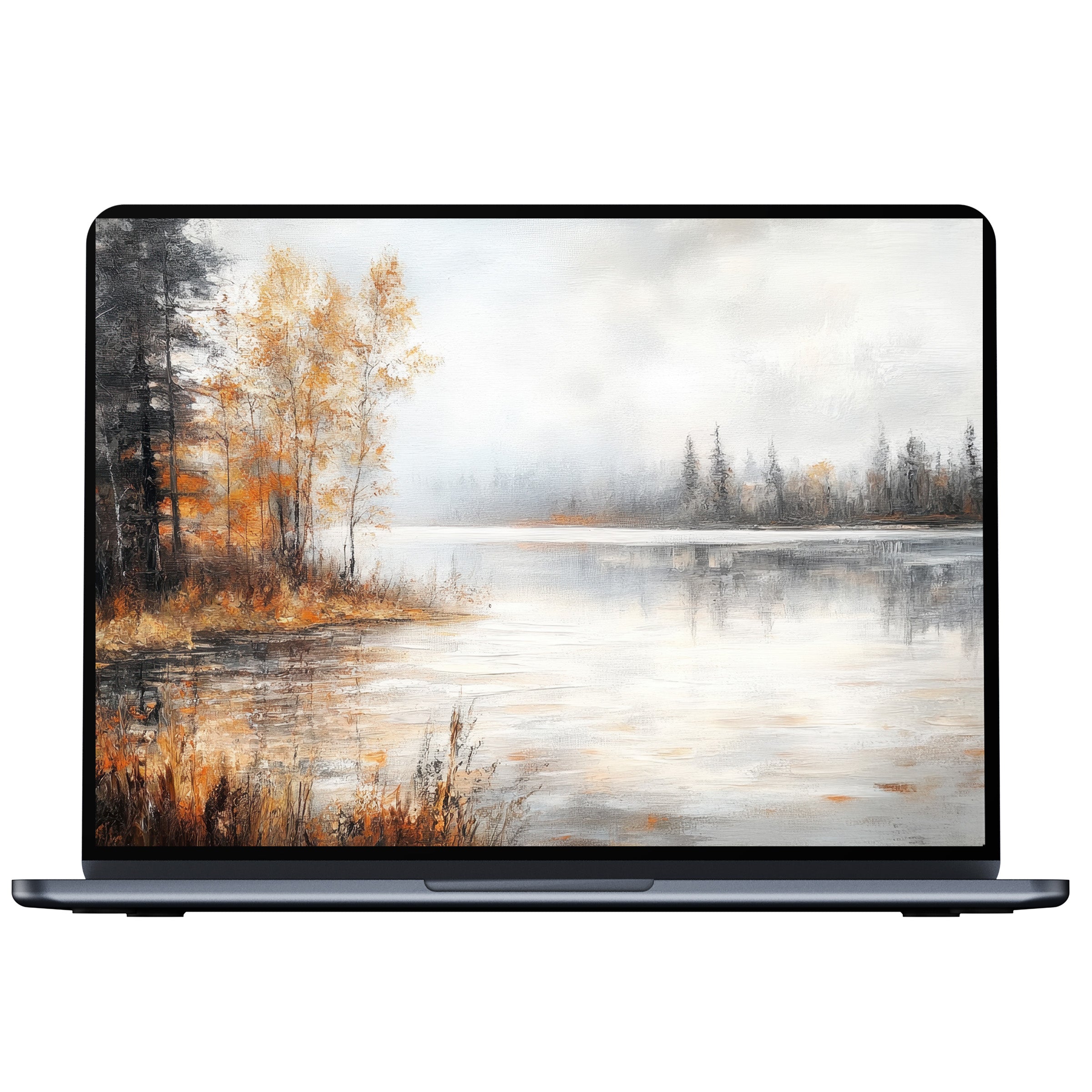 Elegant fall desktop wallpaper featuring serene autumn lake scene, digital download for PC, Laptop, and Mac, inspiring calmness and mindfulness