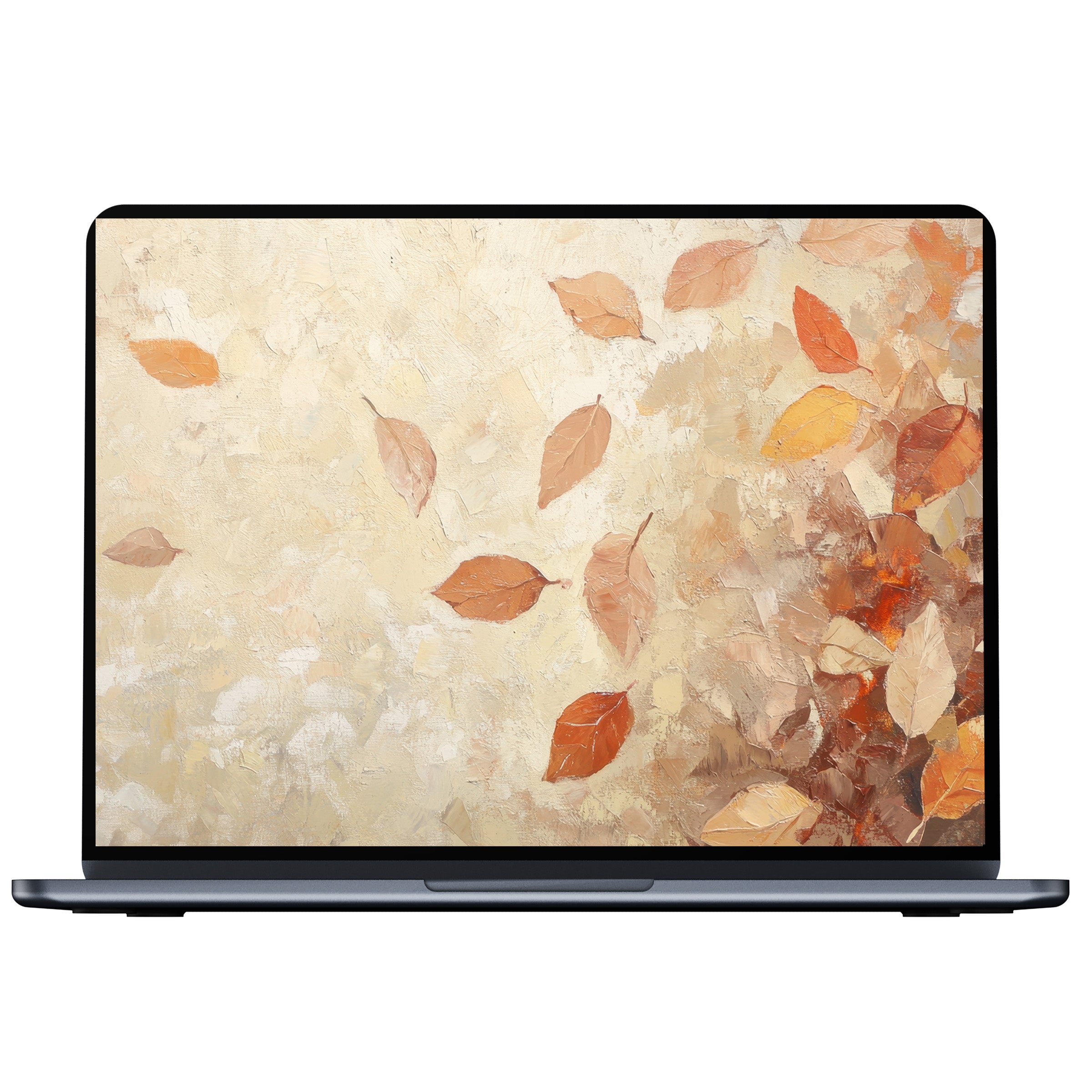 Elegant fall desktop wallpaper digital download with warm leaves on textured canvas inspires calm on PC, laptop, and Mac