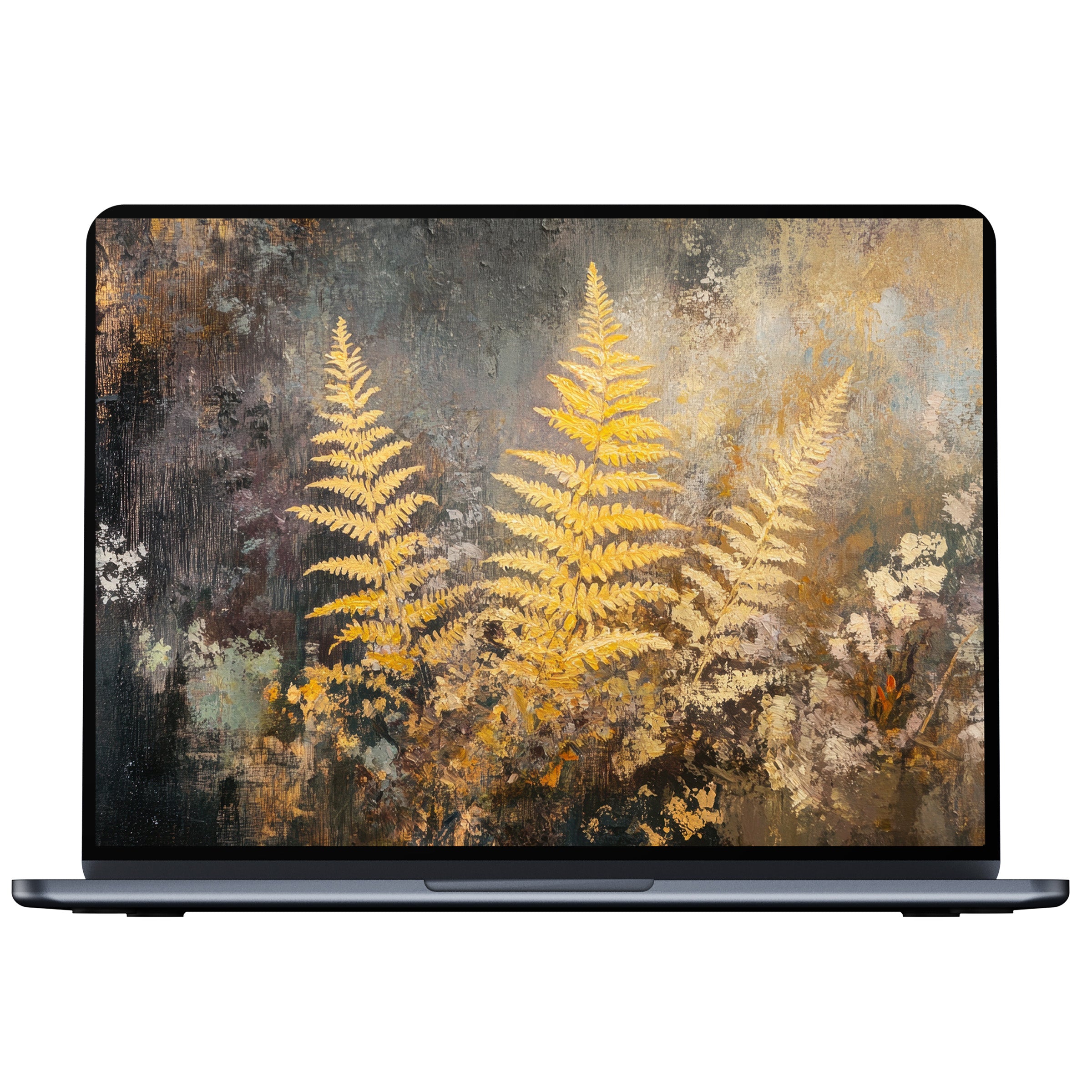 Elegant fall desktop wallpaper featuring golden ferns on a textured background digital download for PC and laptop elegance