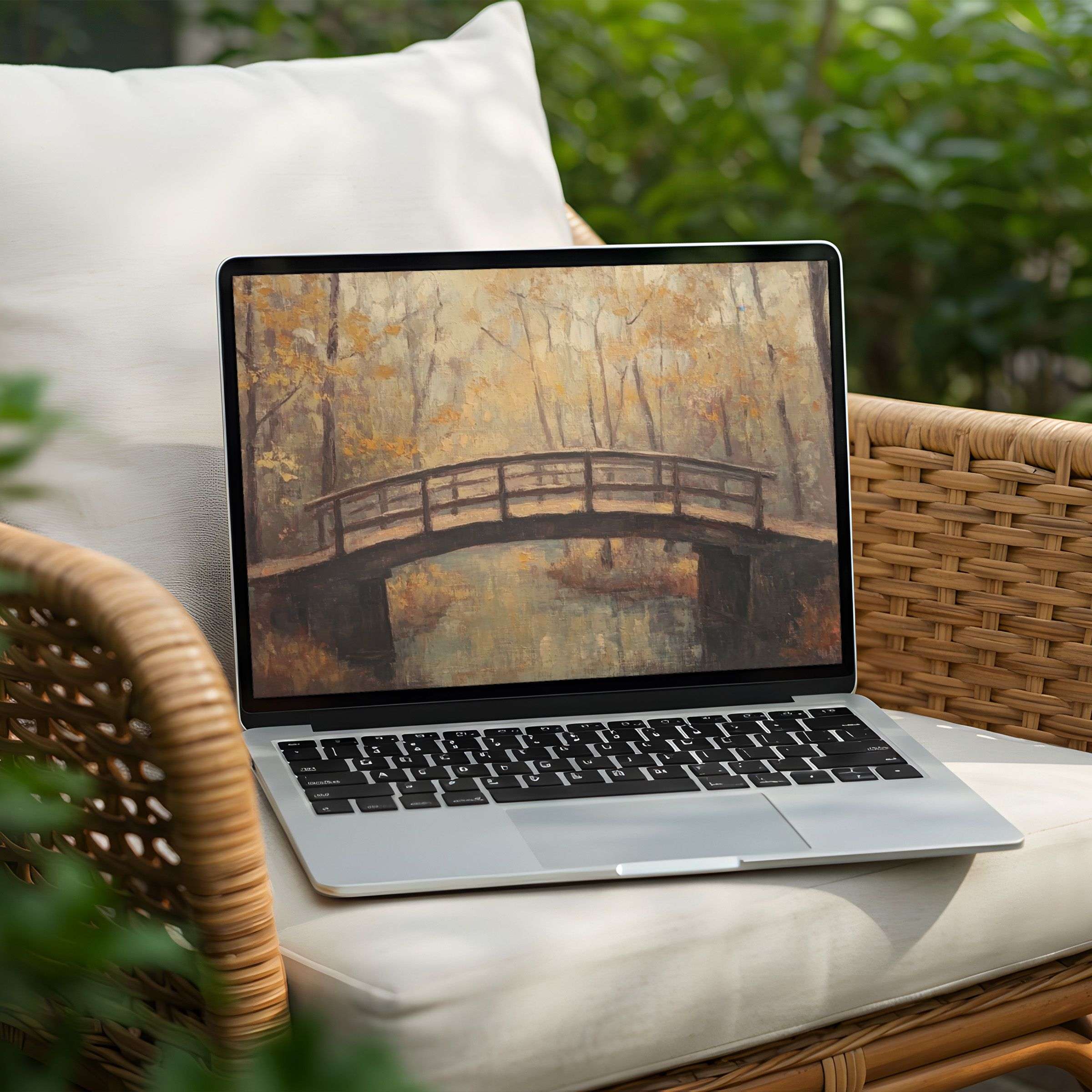 Elegant autumn bridge digital art for desktop background on PC or Laptop offers instant download for mindful inspiration