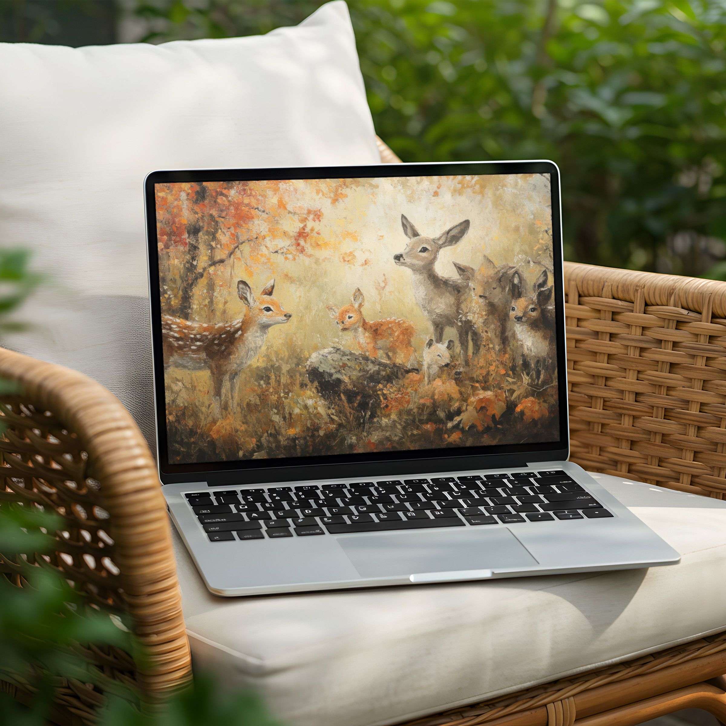 Serene digital art depicting deer in autumn forest as a desktop background for PC or Laptop available for instant download
