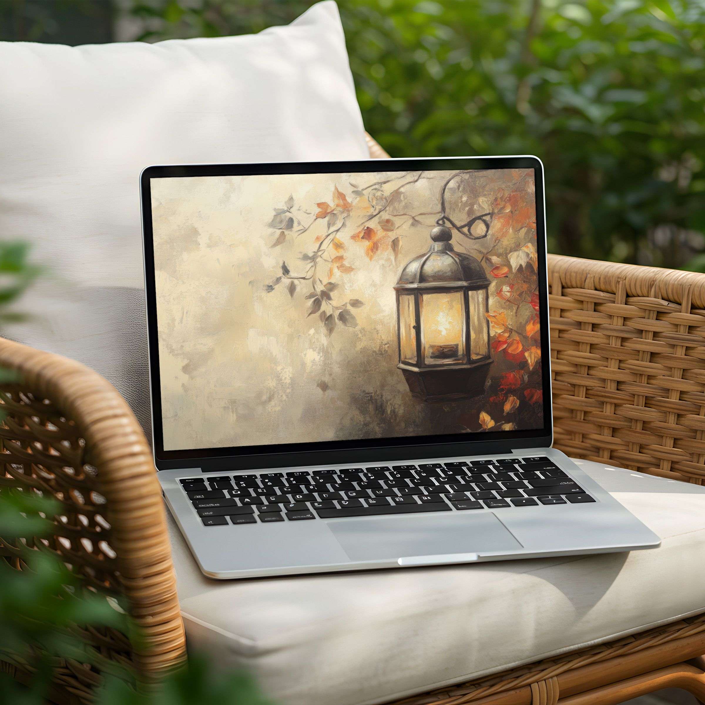 Elevate your PC or Laptop with this elegant desktop background featuring a vintage lantern and autumn leaves instant download