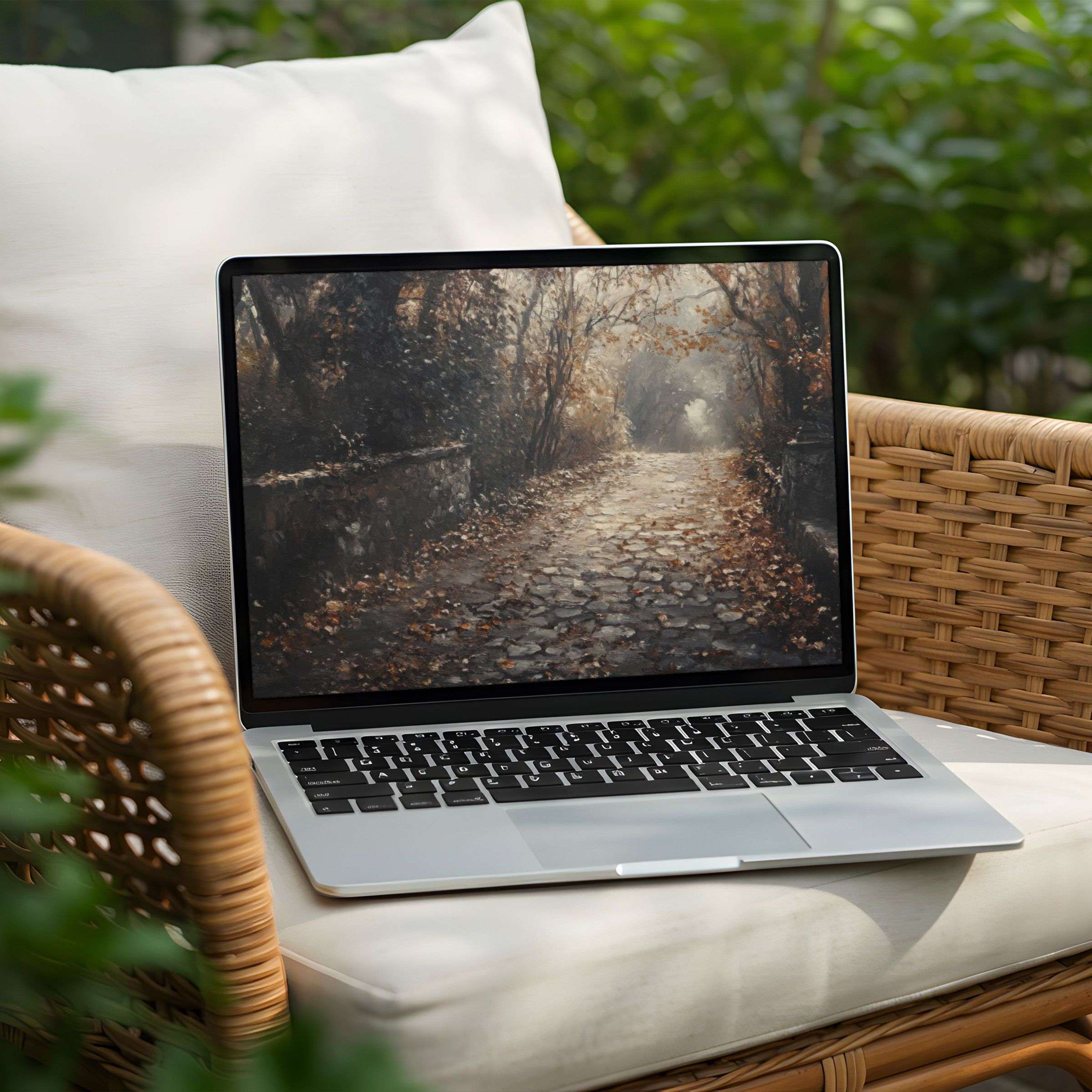 Serene autumn path desktop background for PC and Laptop, instant download to inspire calm, elegance, and mindful creativity